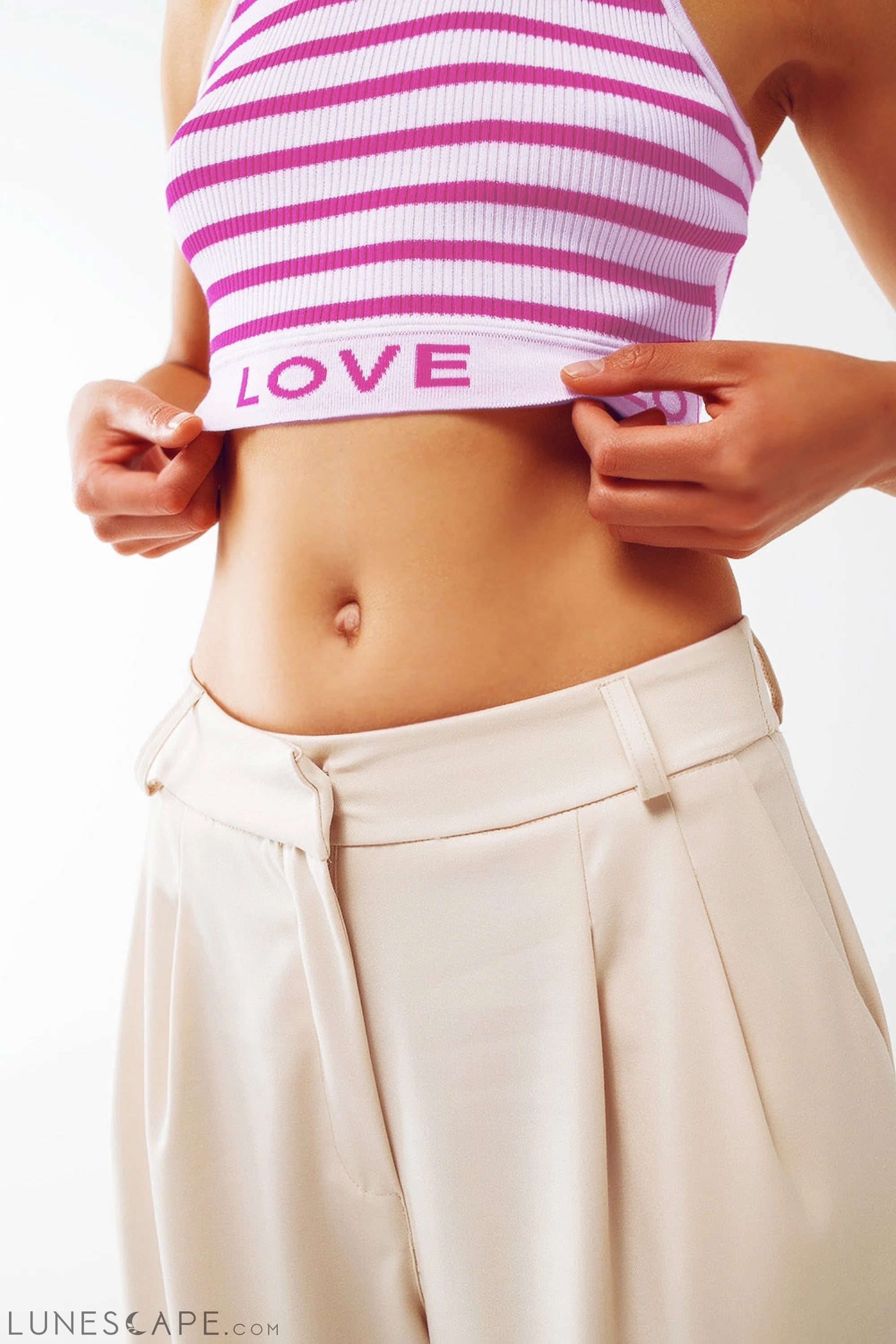 Striped Cropped Top With Love Text in Pink LUNESCAPE