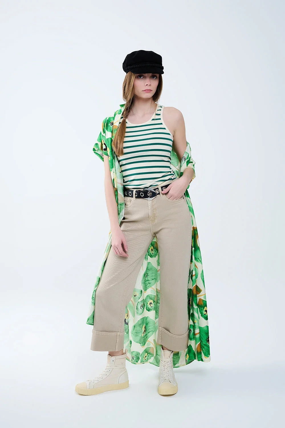 Striped White Tank Top With Green LUNESCAPE