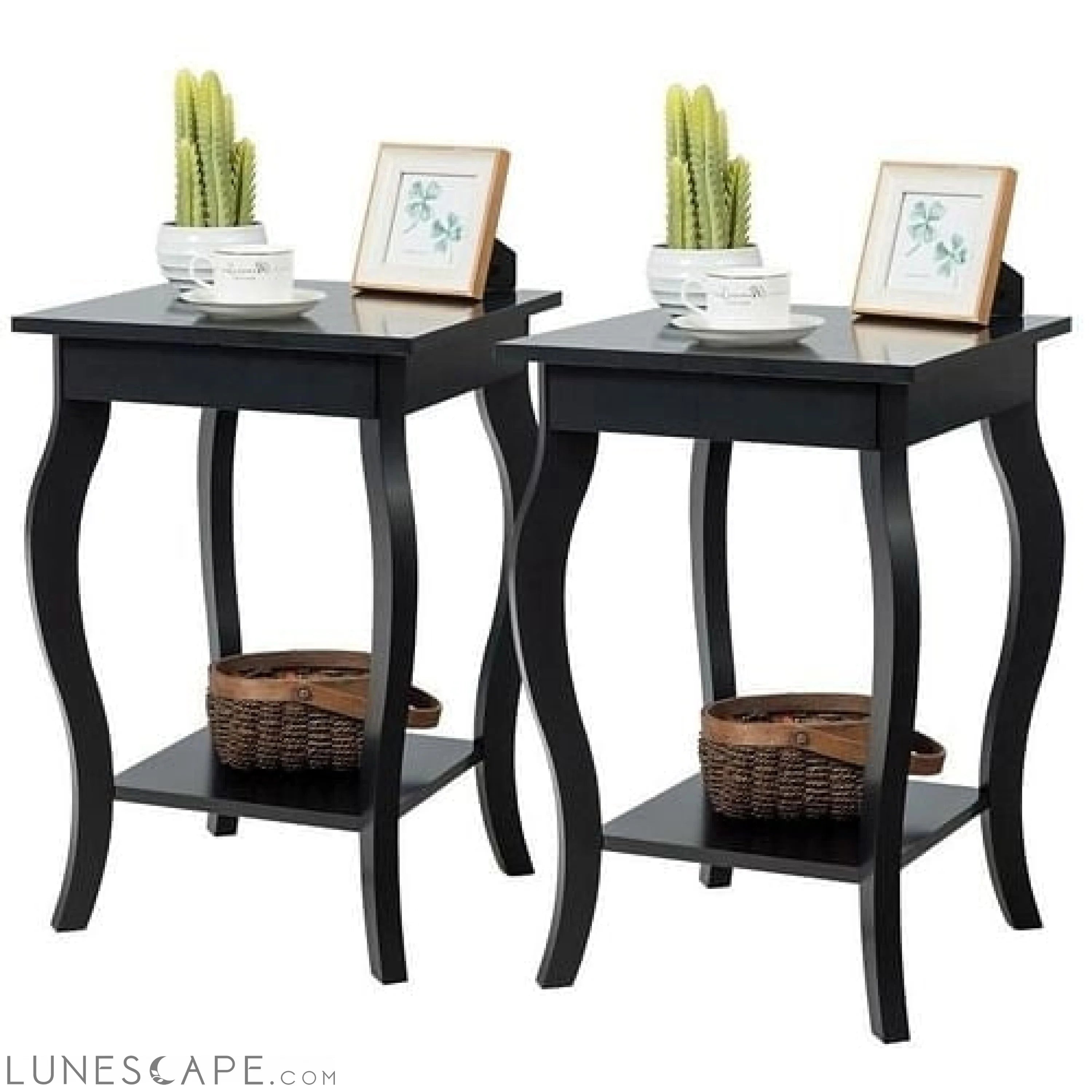 Stylish Nightstand End Table in Black Wood Finish - Set of 2 LUNESCAPE
