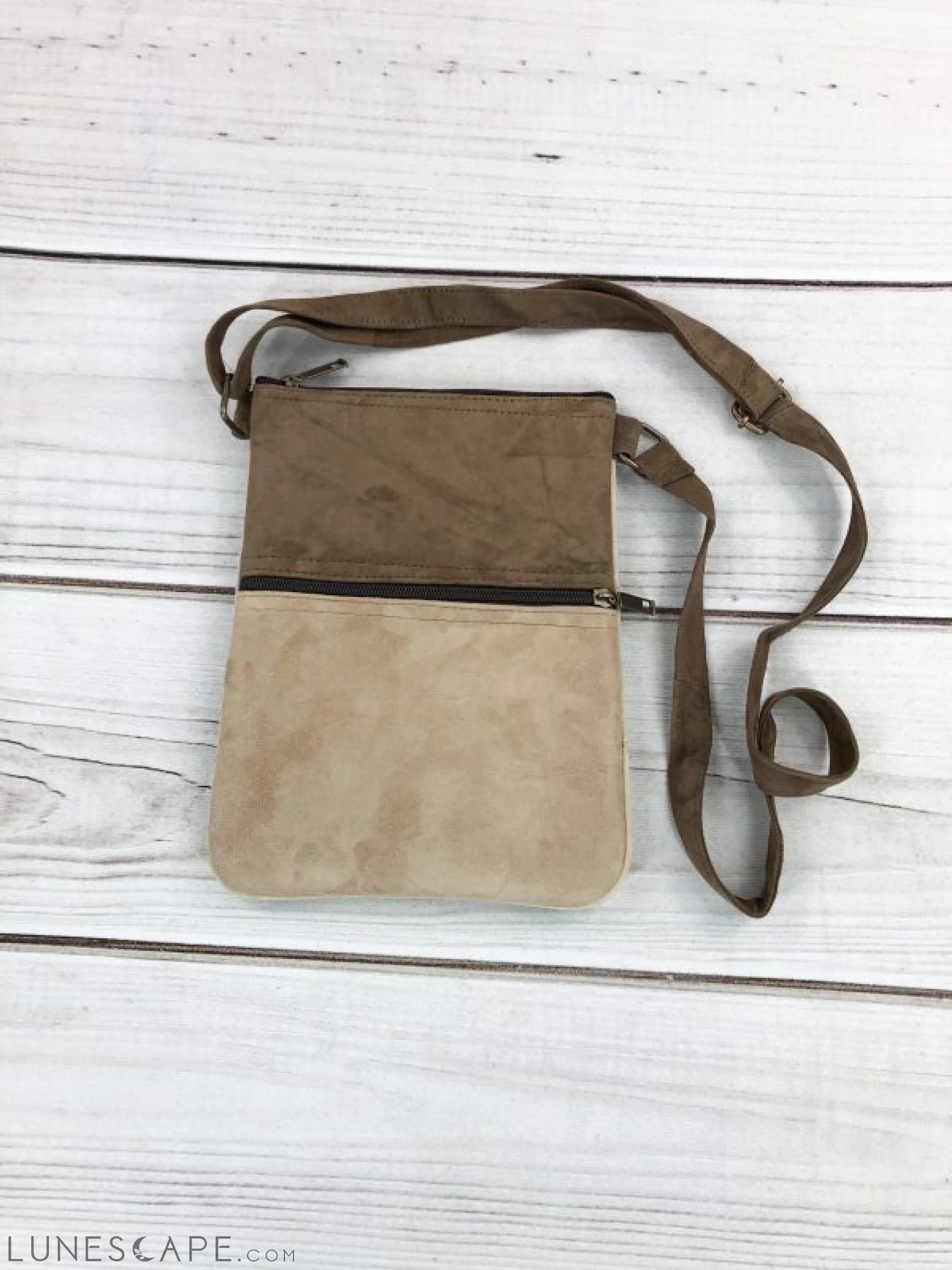 Suede Embroidered Taupe and Blue Five Zipper Crossbody Bag LUNESCAPE