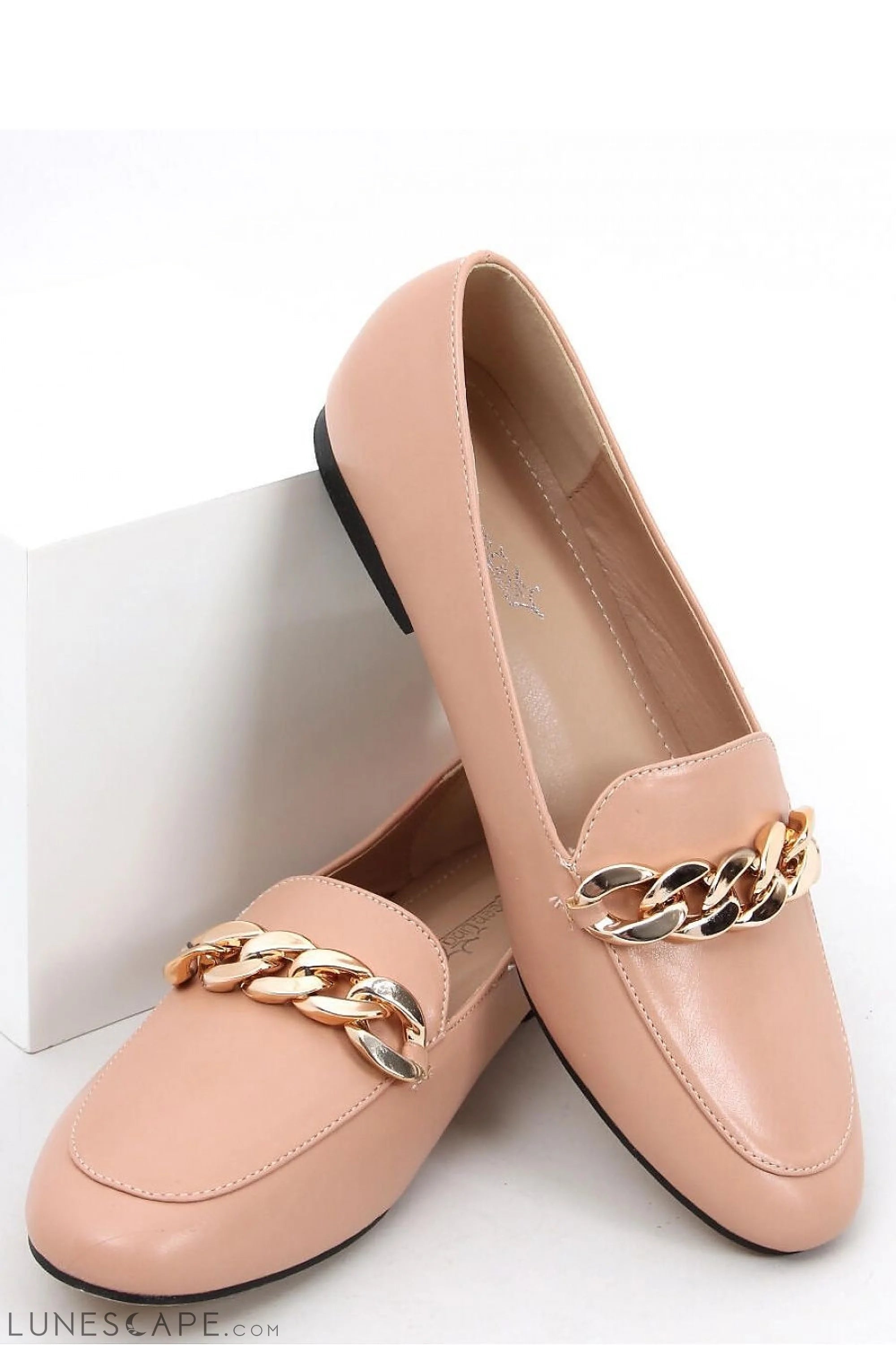 Sunset Beige Chain-Link Women's Loafers – Almond Toe with Gold Curb Accent LUNESCAPE