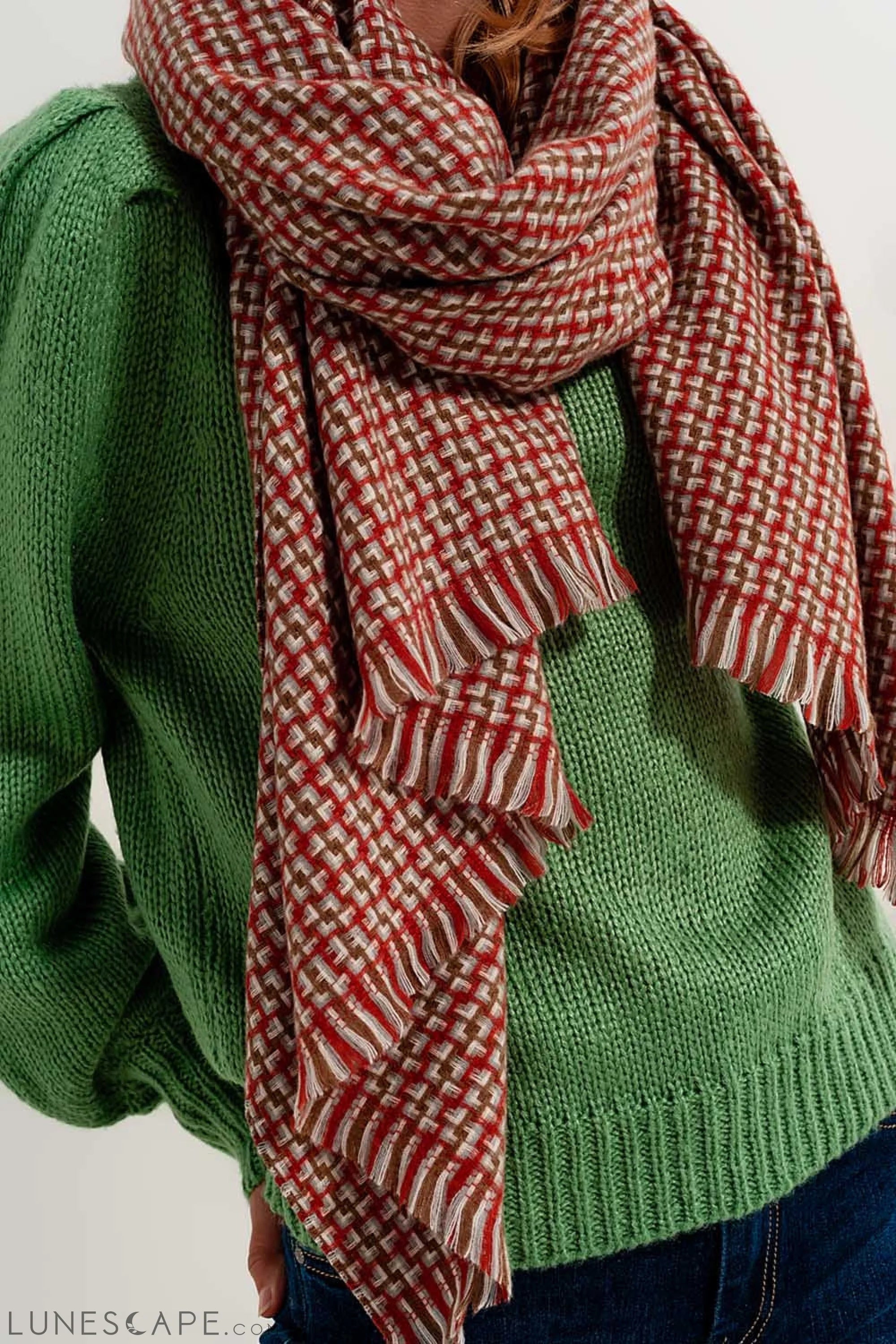 Super Soft Red Scarf With Geometric Print LUNESCAPE