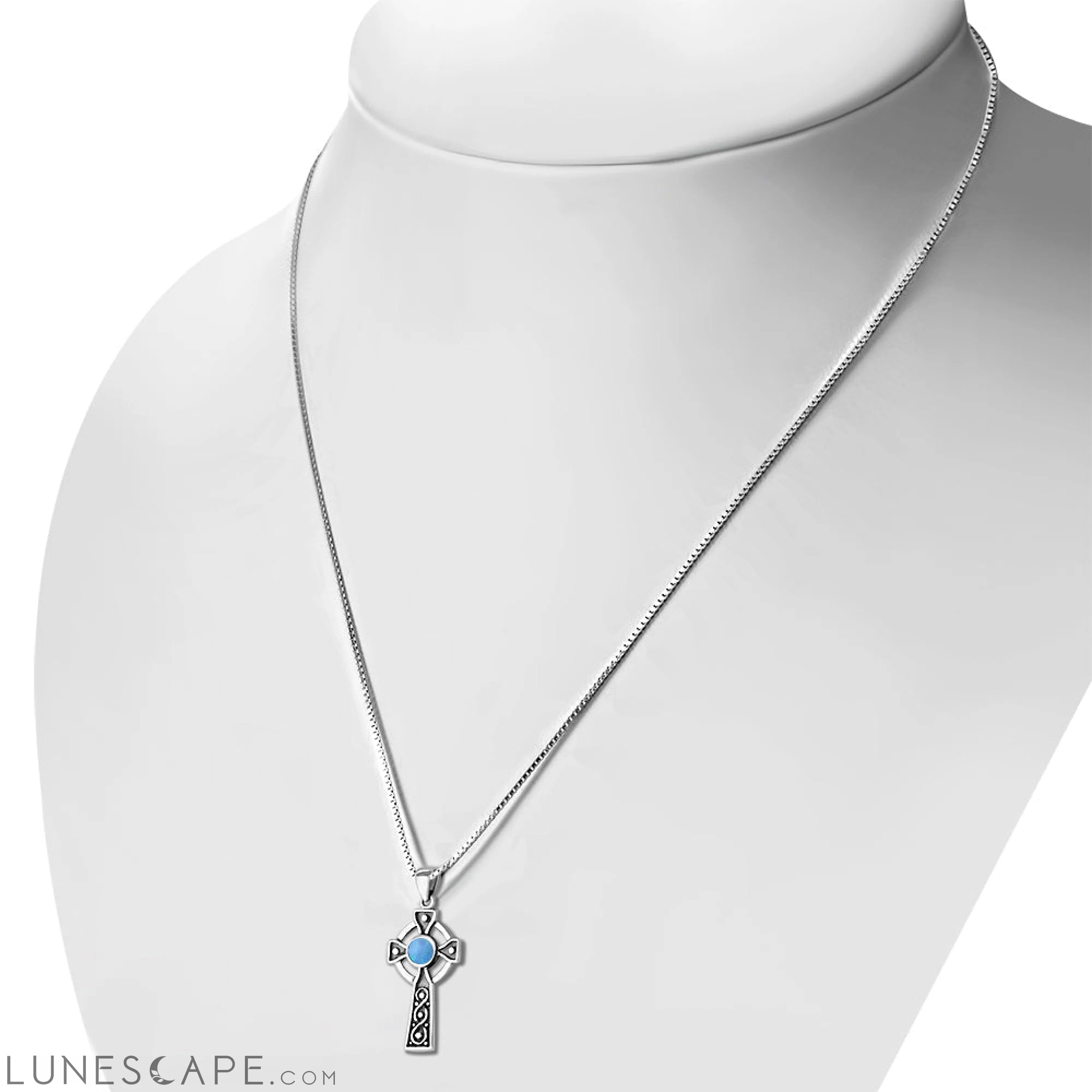 Synthetic Azure Blue Opal Celtic Infinity Knot Cross Silver Pendant LUNESCAPE
