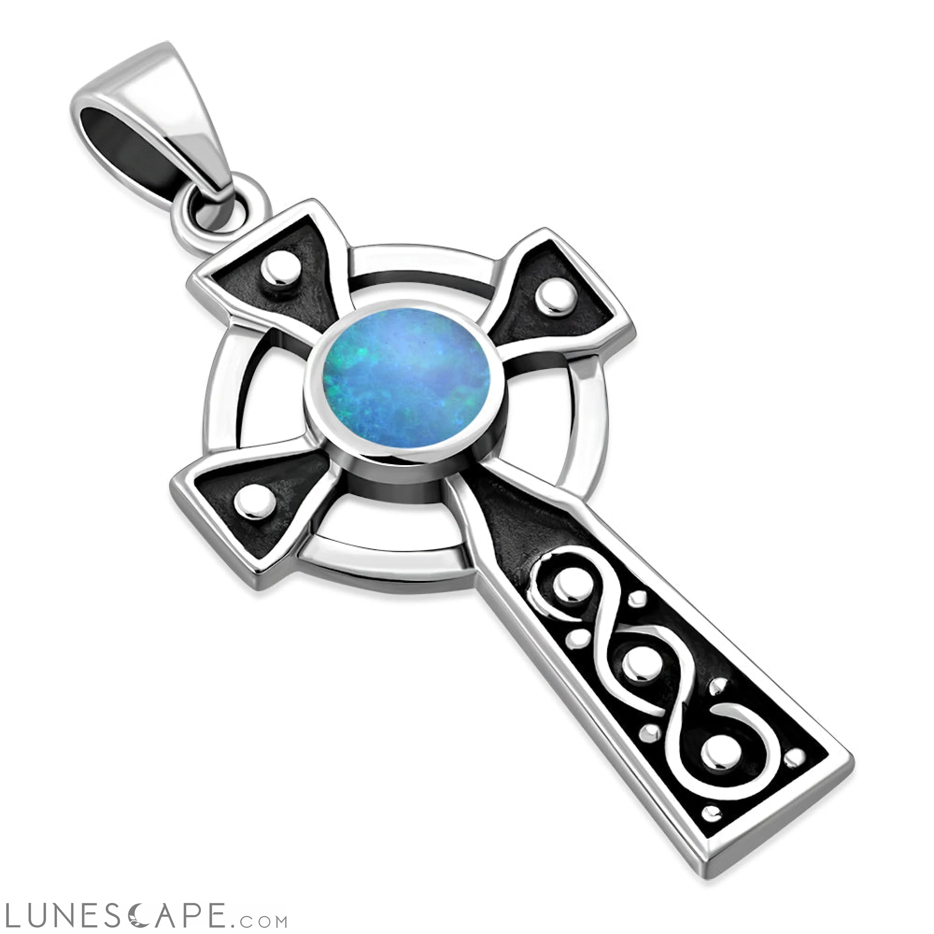 Synthetic Azure Blue Opal Celtic Infinity Knot Cross Silver Pendant LUNESCAPE