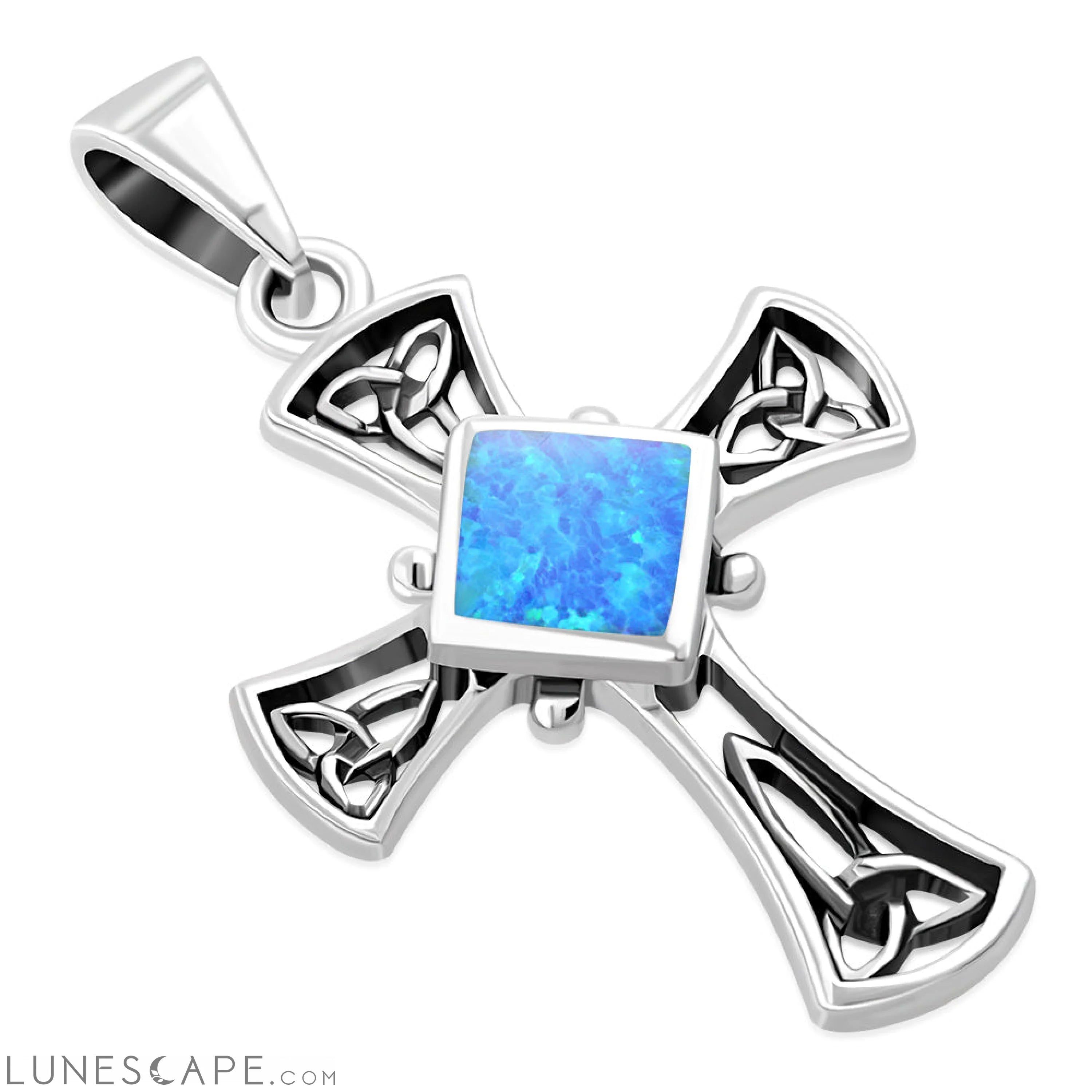 Synthetic Azure Opal Celtic Irish Trinity Knot Cross Silver Pendant LUNESCAPE