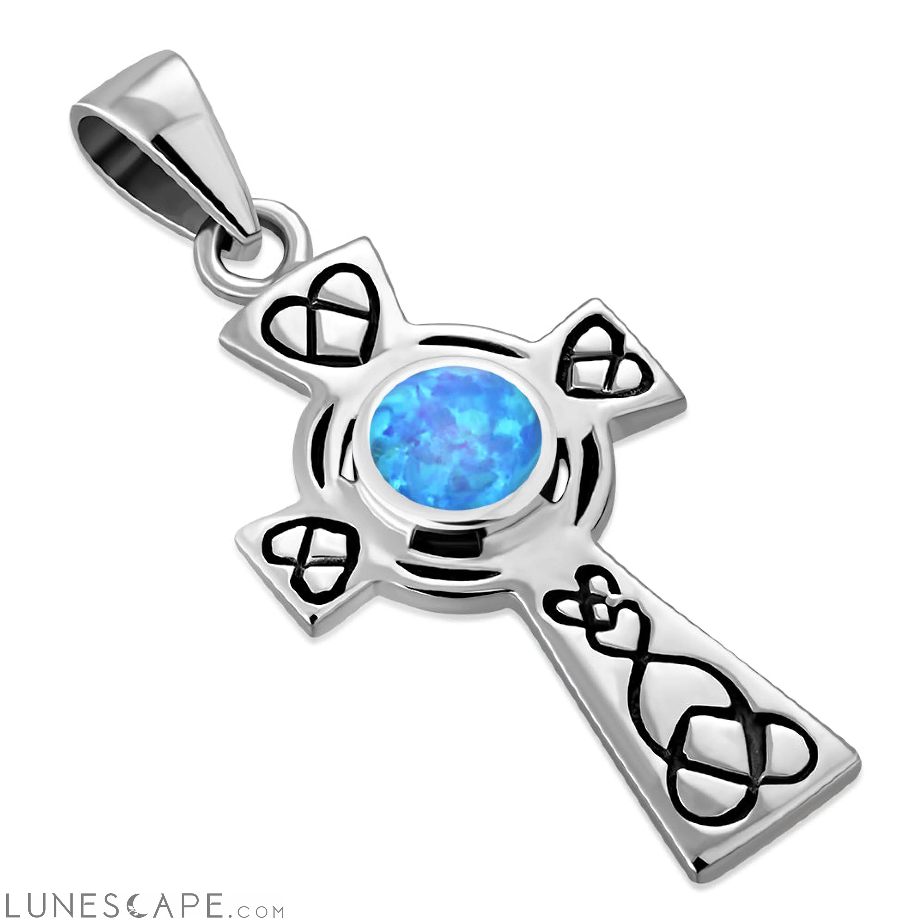 Synthetic Blue Opal Celtic Cross Silver Pendant LUNESCAPE