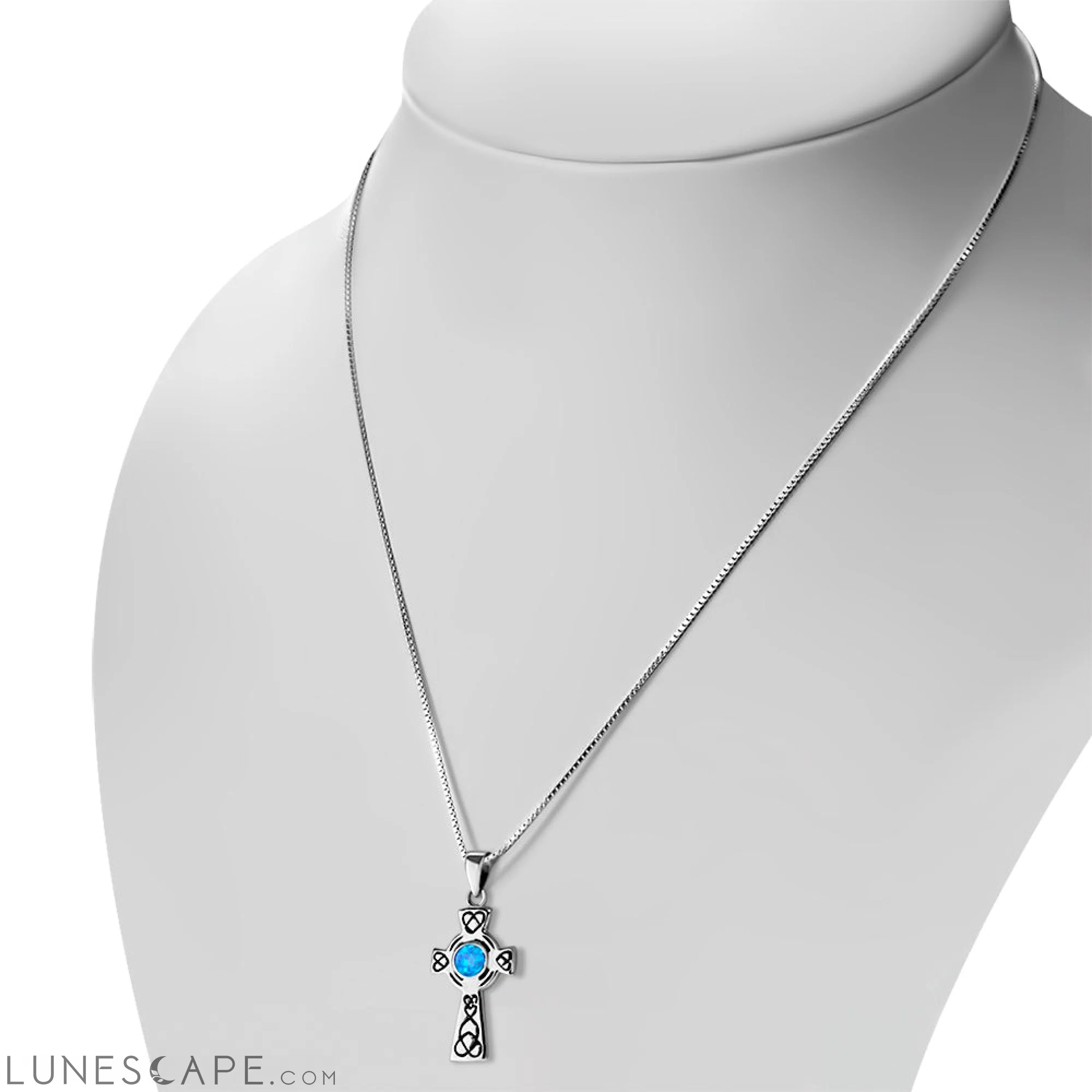 Synthetic Blue Opal Celtic Cross Silver Pendant LUNESCAPE