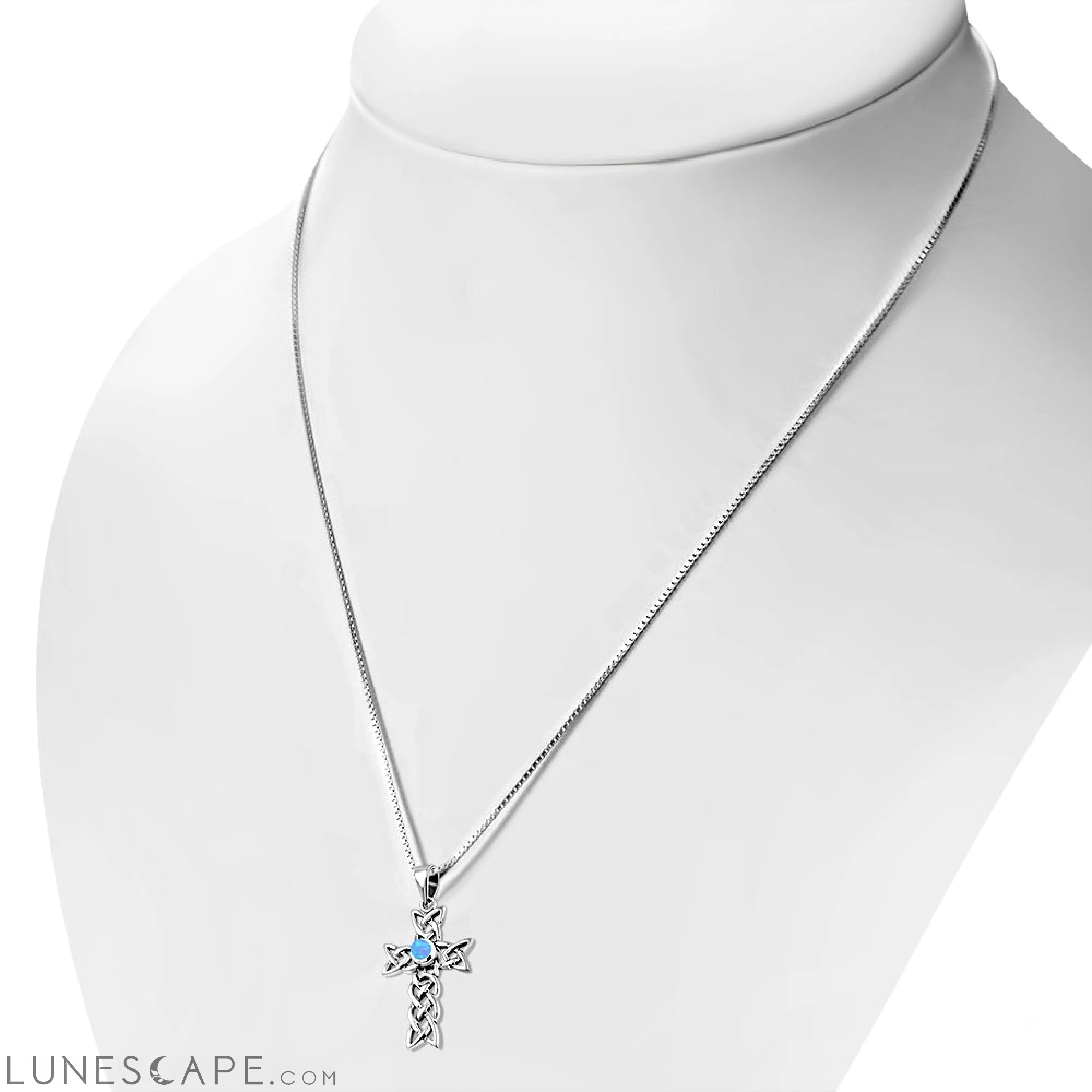 Synthetic Blue Opal Cross Celtic Knot Silver Pendant LUNESCAPE