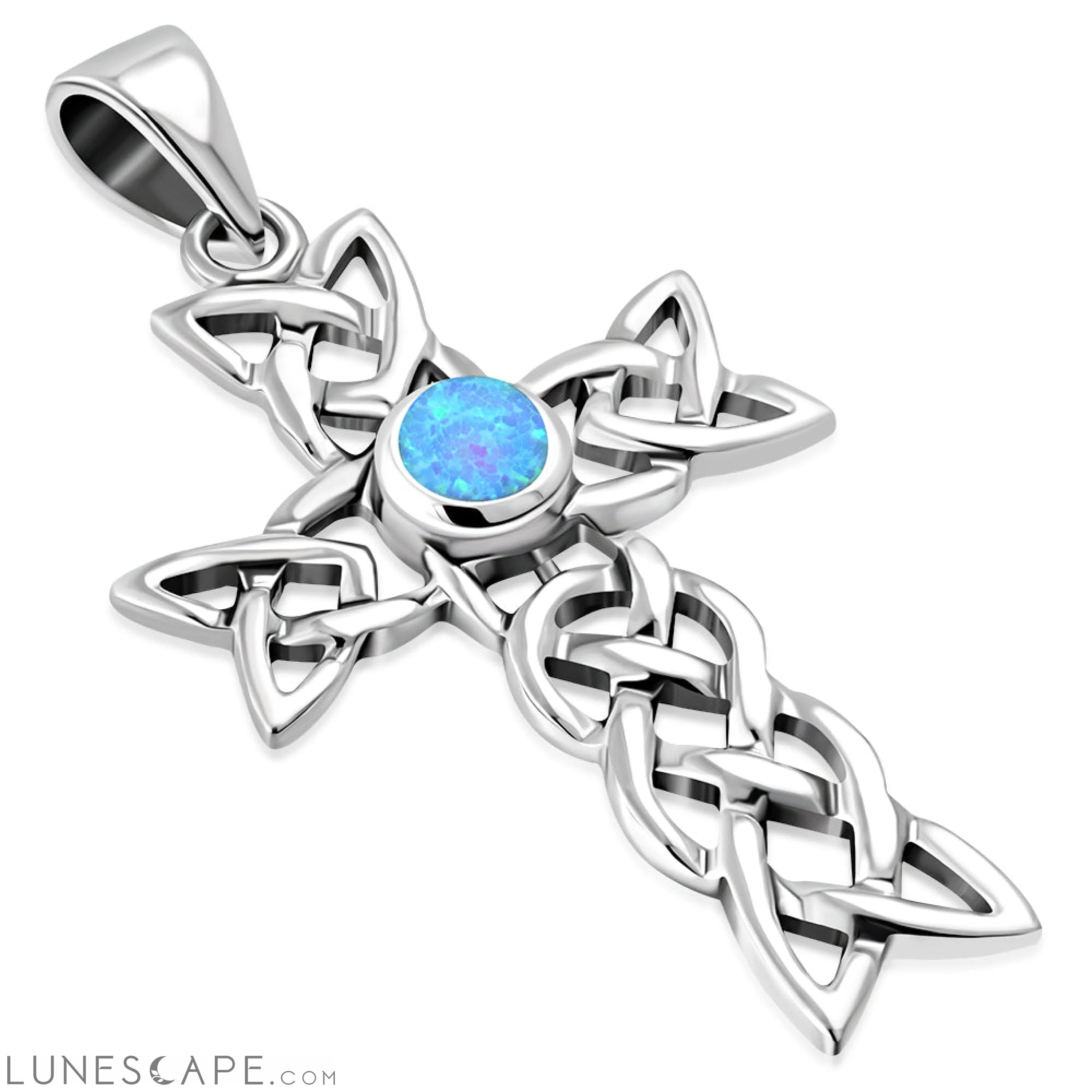 Synthetic Blue Opal Cross Celtic Knot Silver Pendant LUNESCAPE