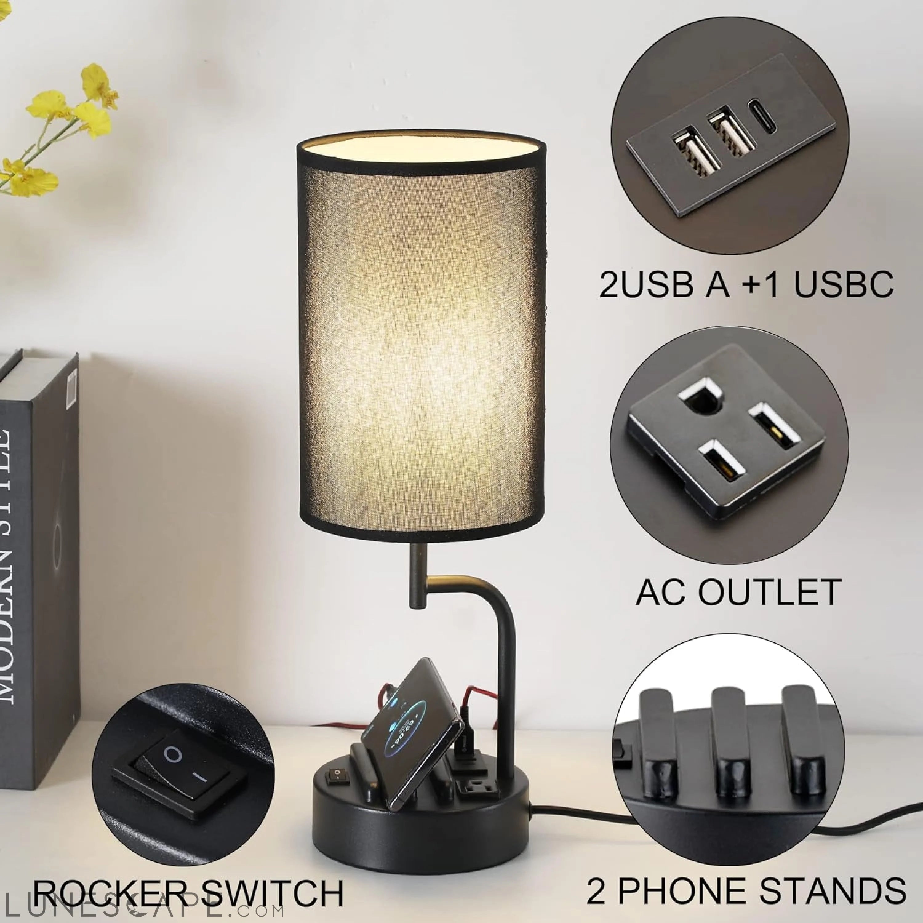 Table Lamp with 3 USB Charging Ports, Modern Desk Lamp with AC Outlet LUNESCAPE