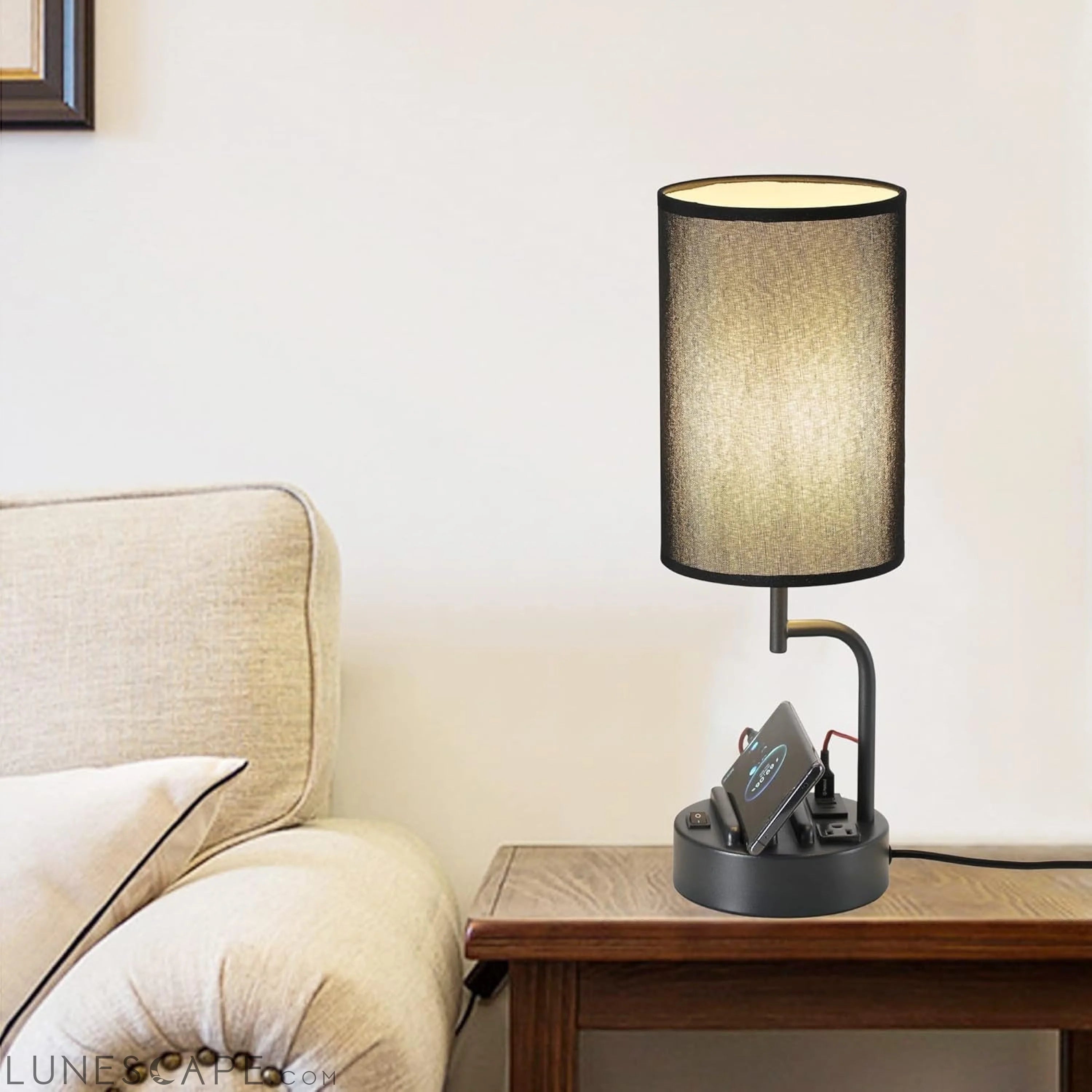 Table Lamp with 3 USB Charging Ports, Modern Desk Lamp with AC Outlet LUNESCAPE