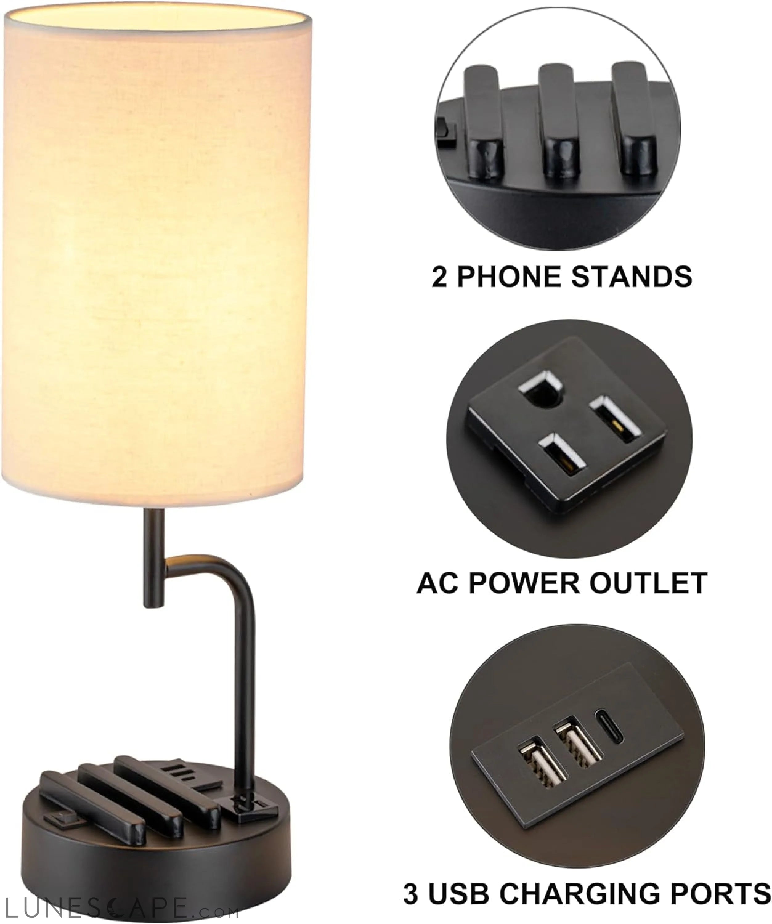Table Lamp with 3 USB Charging Ports, Modern Desk Lamp with AC Outlet LUNESCAPE