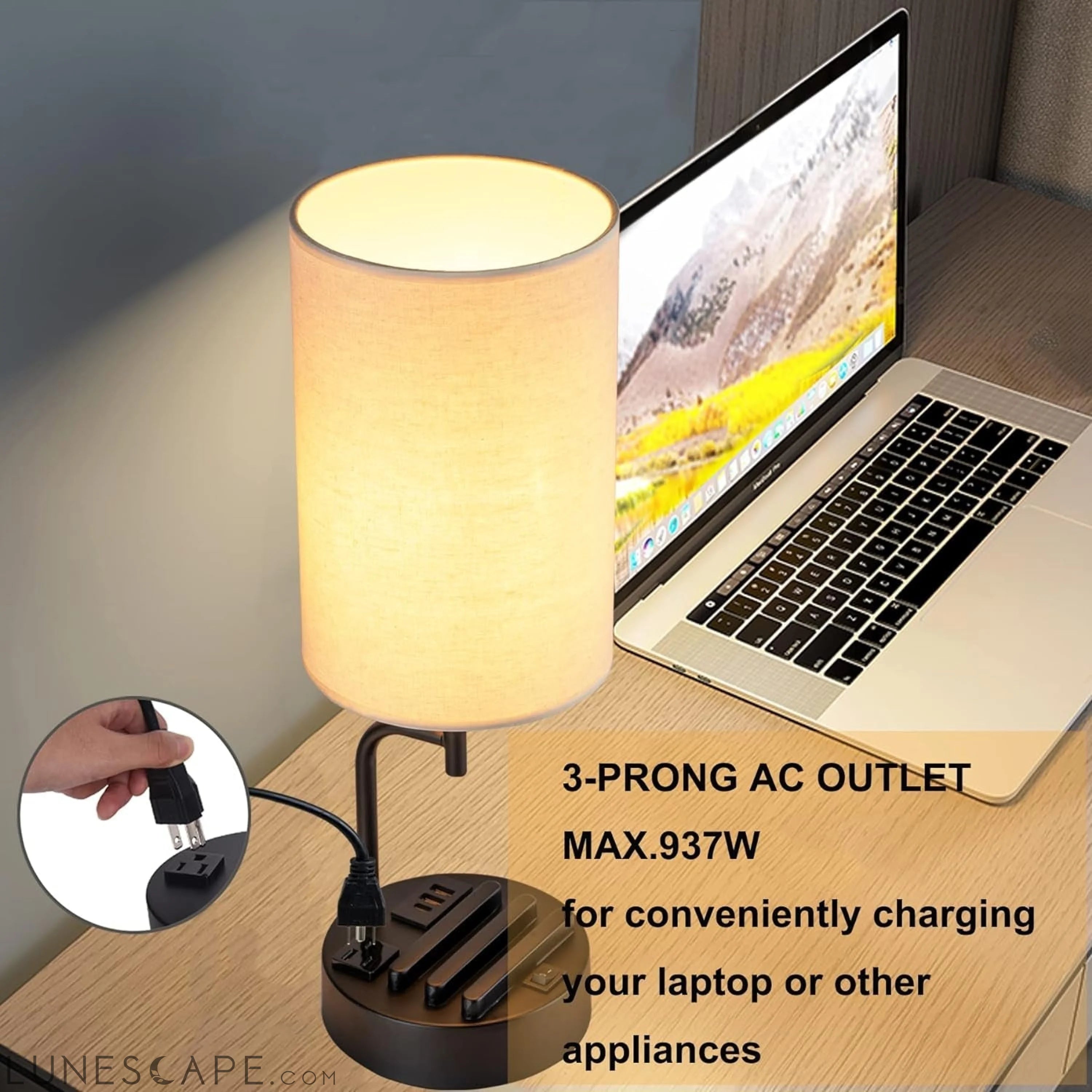 Table Lamp with 3 USB Charging Ports, Modern Desk Lamp with AC Outlet LUNESCAPE