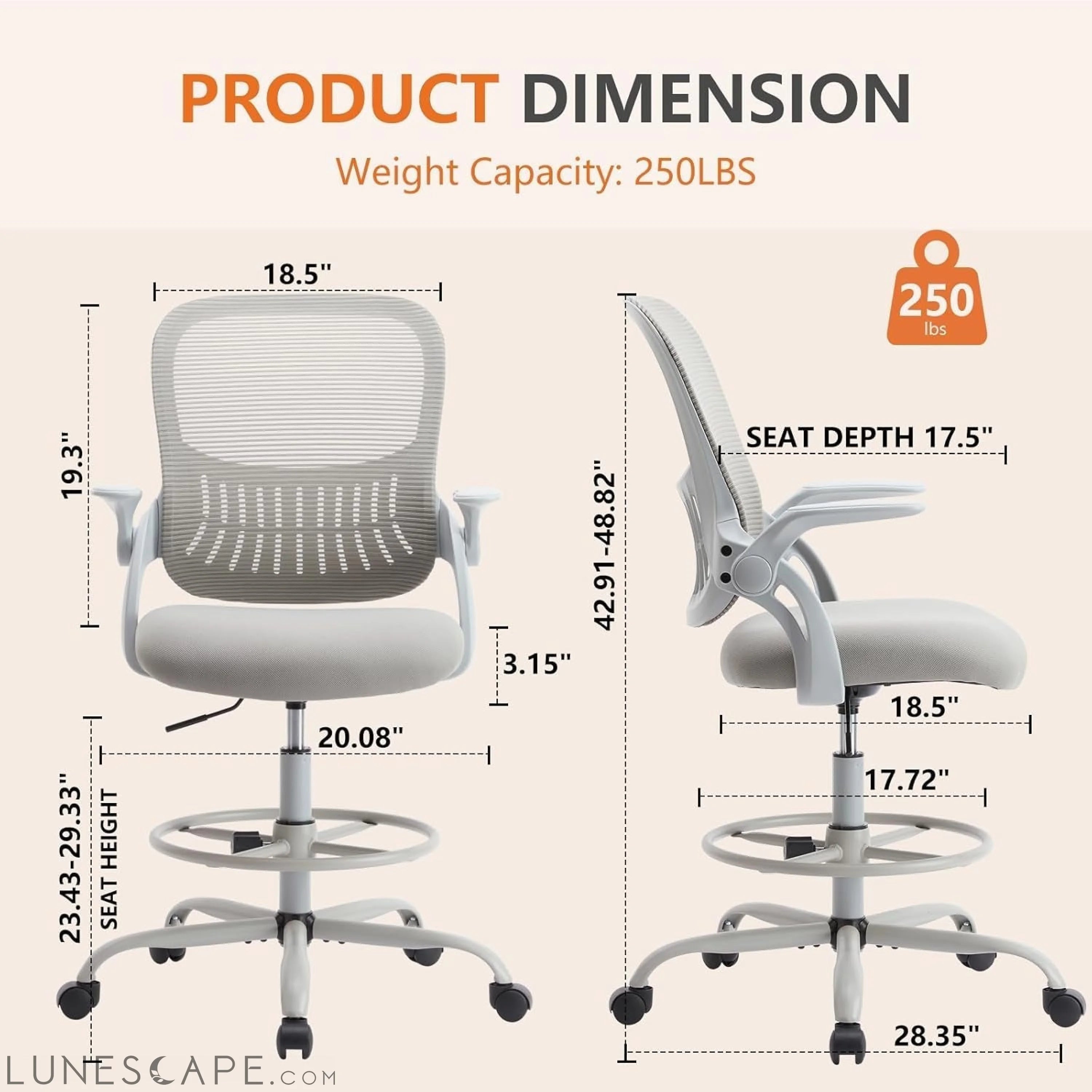 Tall Drafting Desk Chair - Ergonomic High Stool Computer with LUNESCAPE