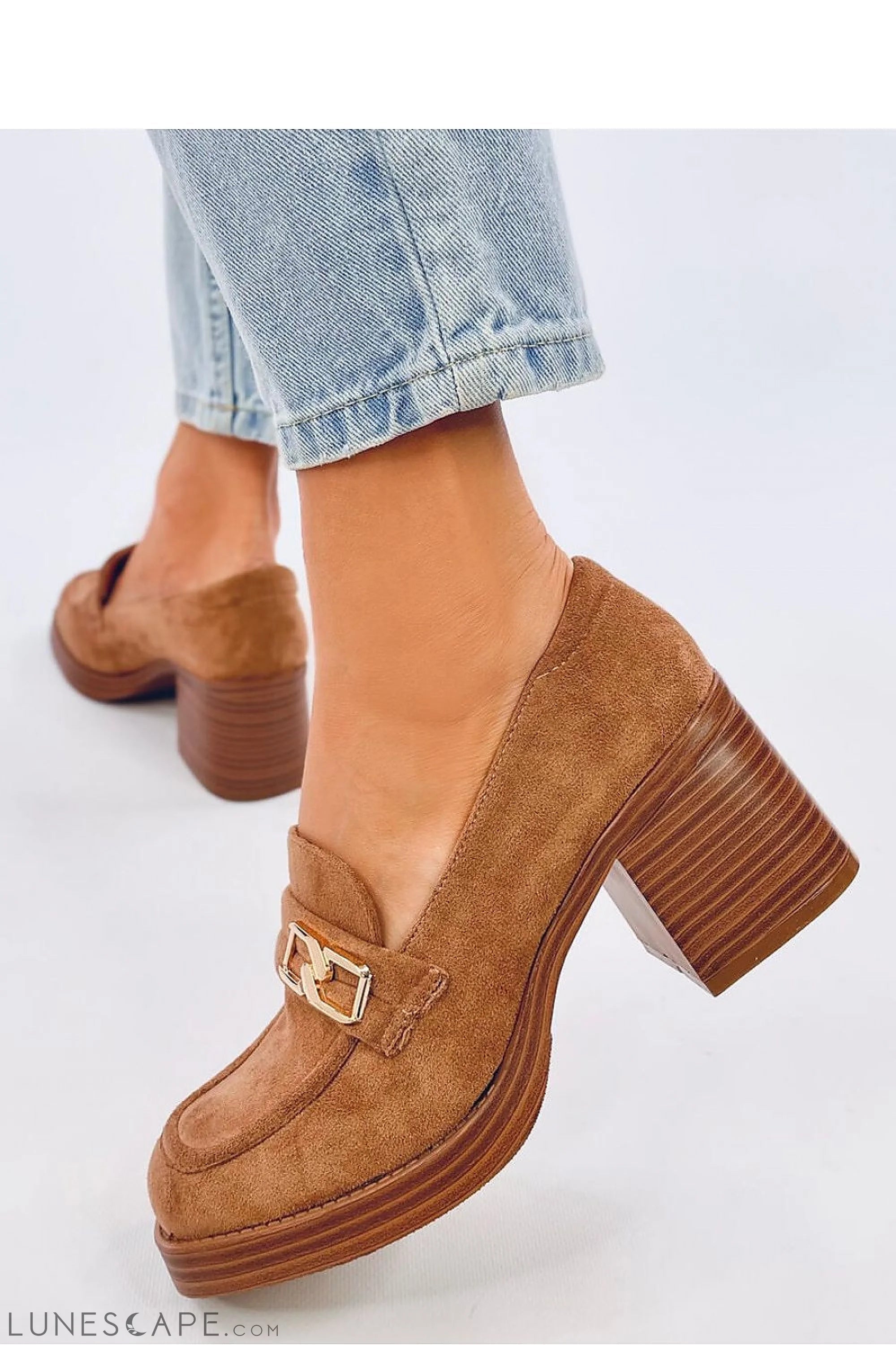 Tan Vegan Suede Loafers – Women's Almond Toe Stacked Block Heel with Gold Buckle LUNESCAPE