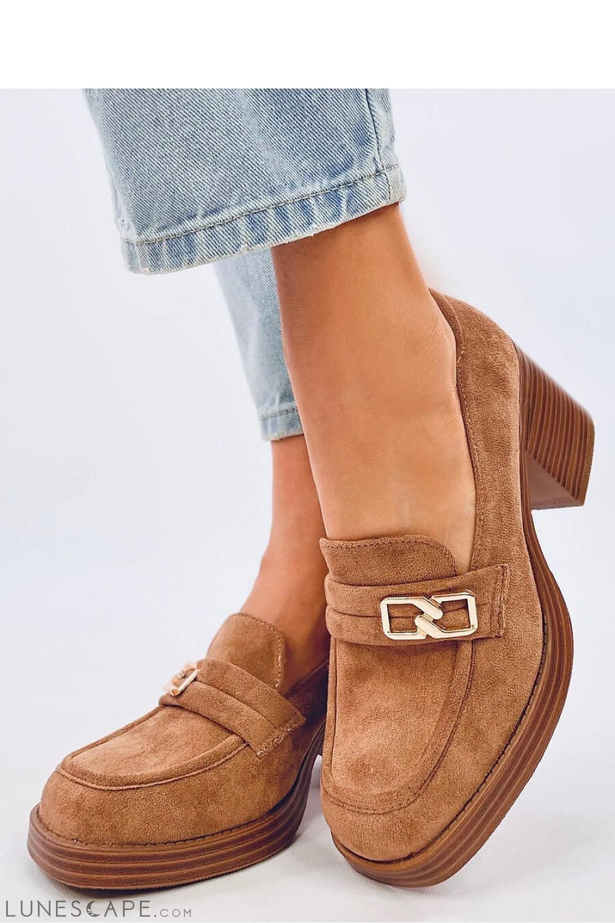 Tan Vegan Suede Loafers – Women's Almond Toe Stacked Block Heel with Gold Buckle LUNESCAPE