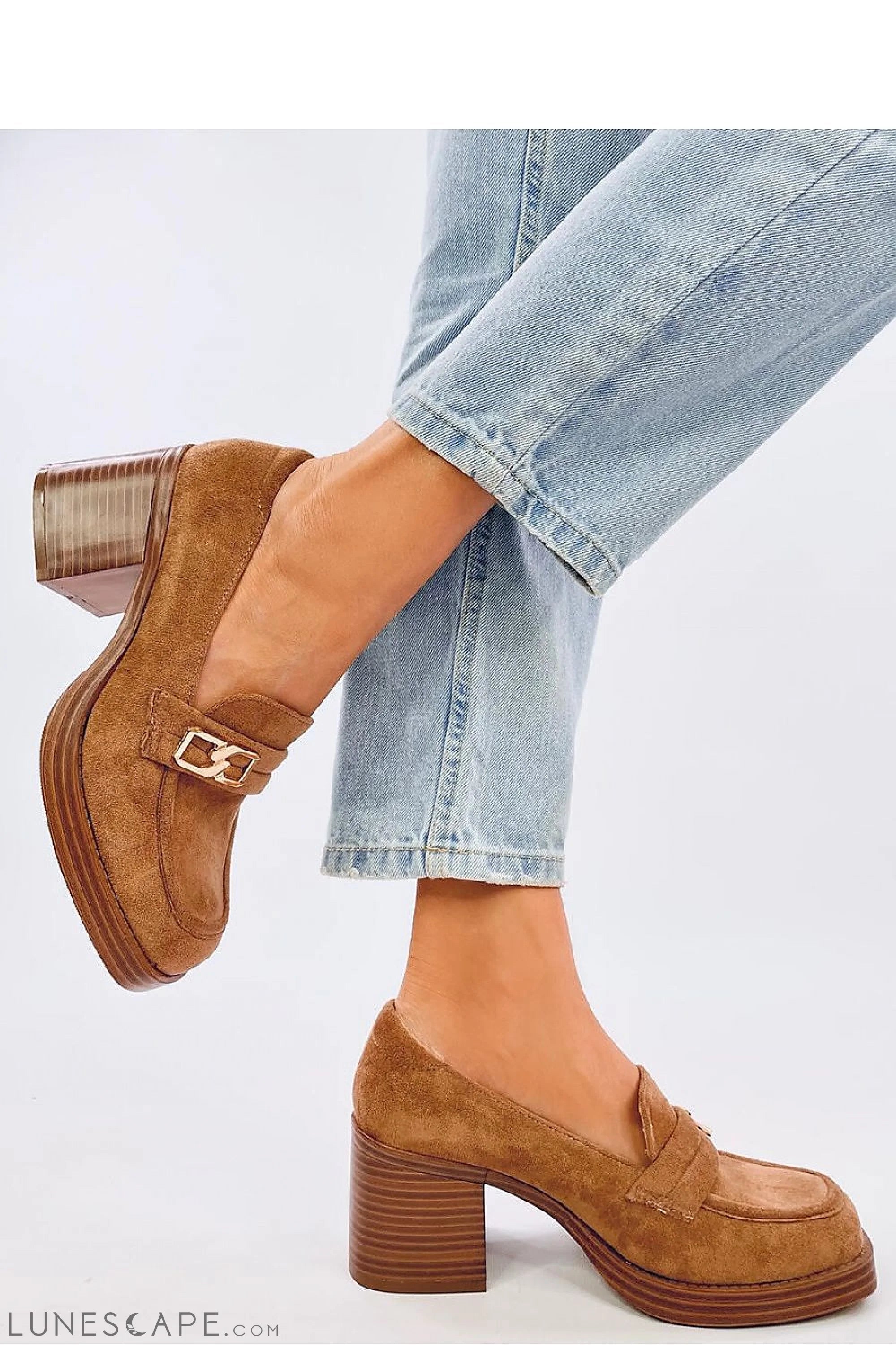 Tan Vegan Suede Loafers – Women's Almond Toe Stacked Block Heel with Gold Buckle LUNESCAPE