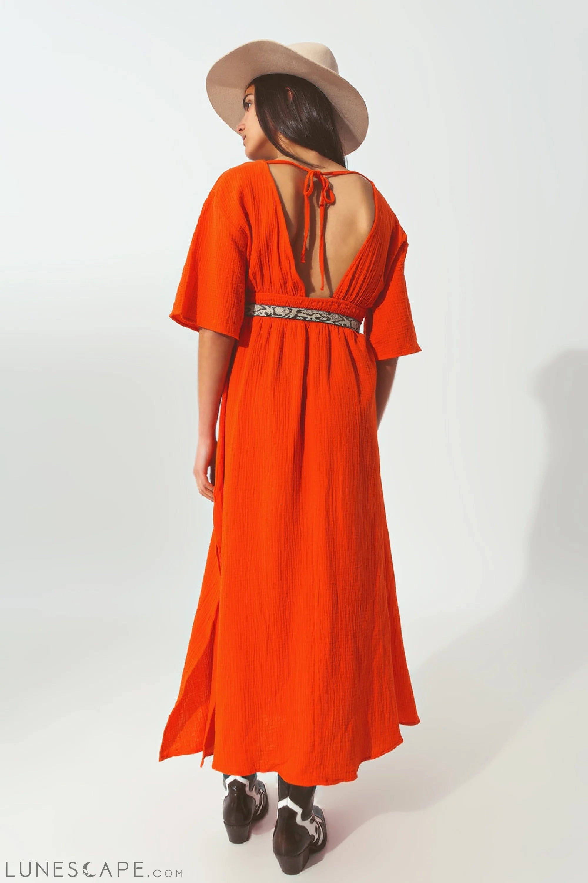 Textured V-Neck Maxi Dress in Orange LUNESCAPE