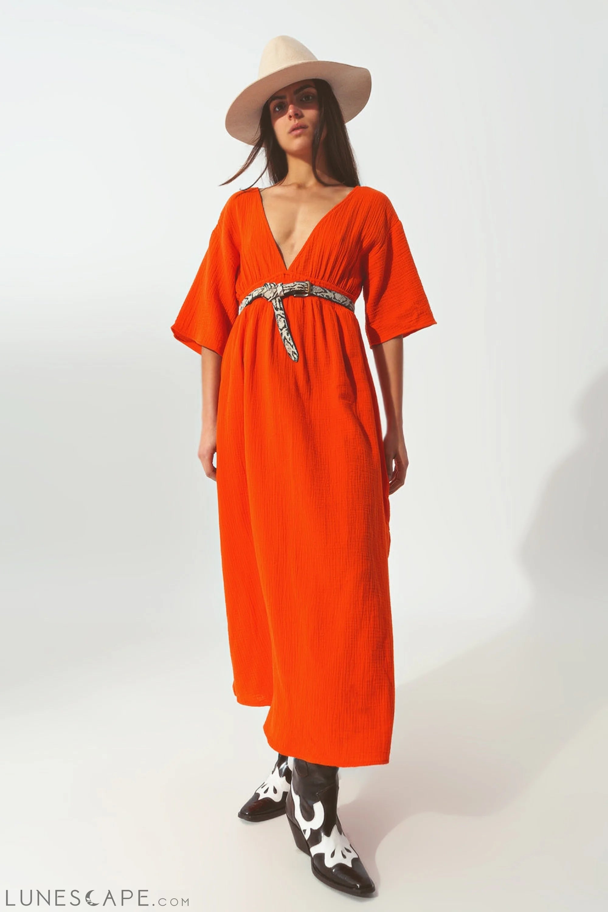 Textured V-Neck Maxi Dress in Orange LUNESCAPE