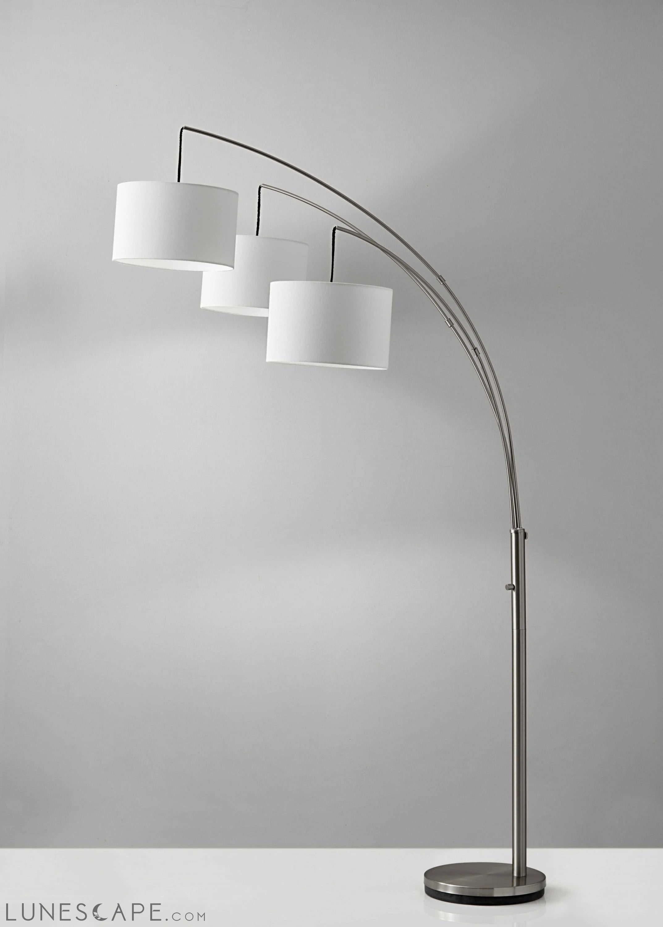 Three Light Brushed Steel Metal Arc Floor Lamp with Suspended White LUNESCAPE