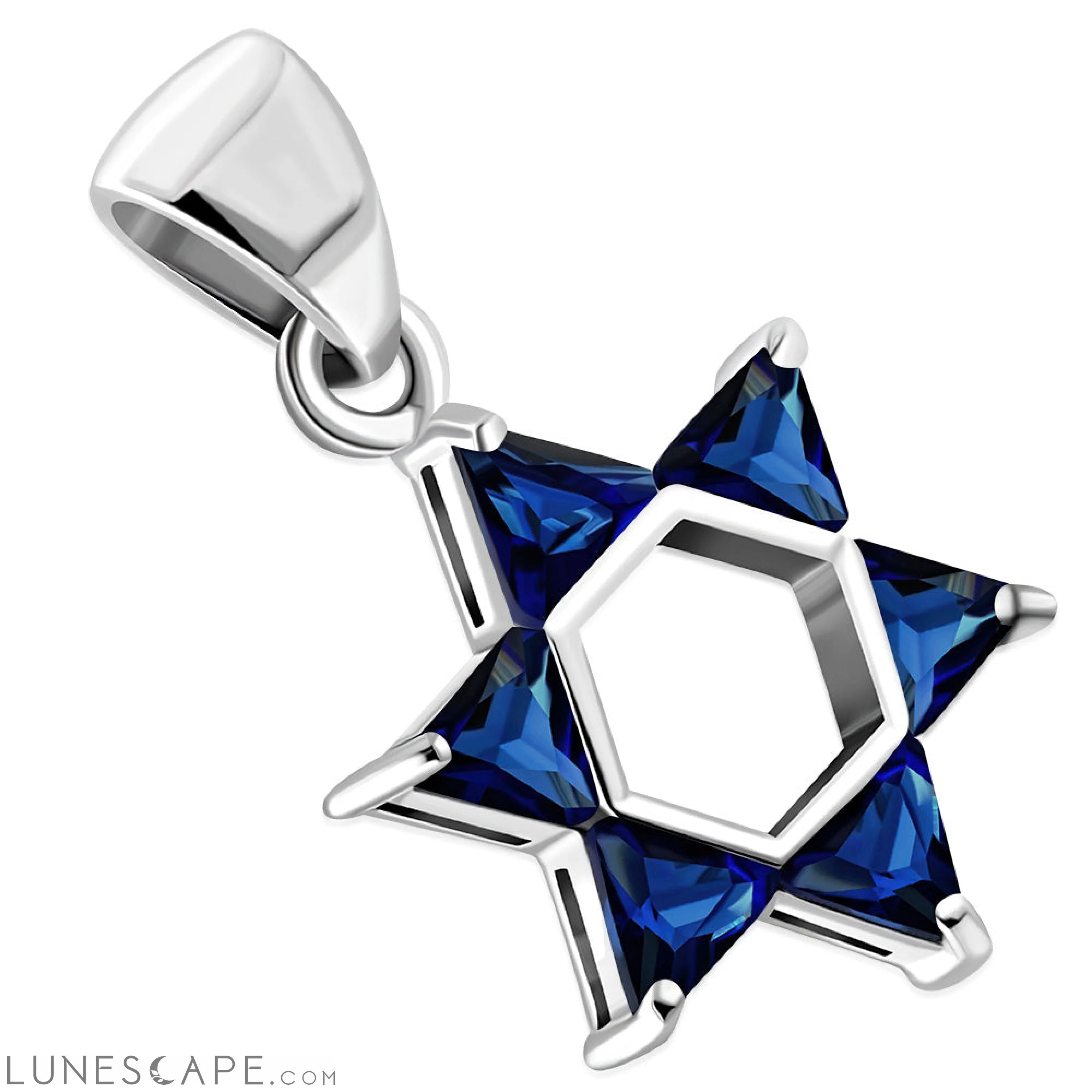 Tiny Star of David Silver Pendant Set W/ Blue CZ LUNESCAPE