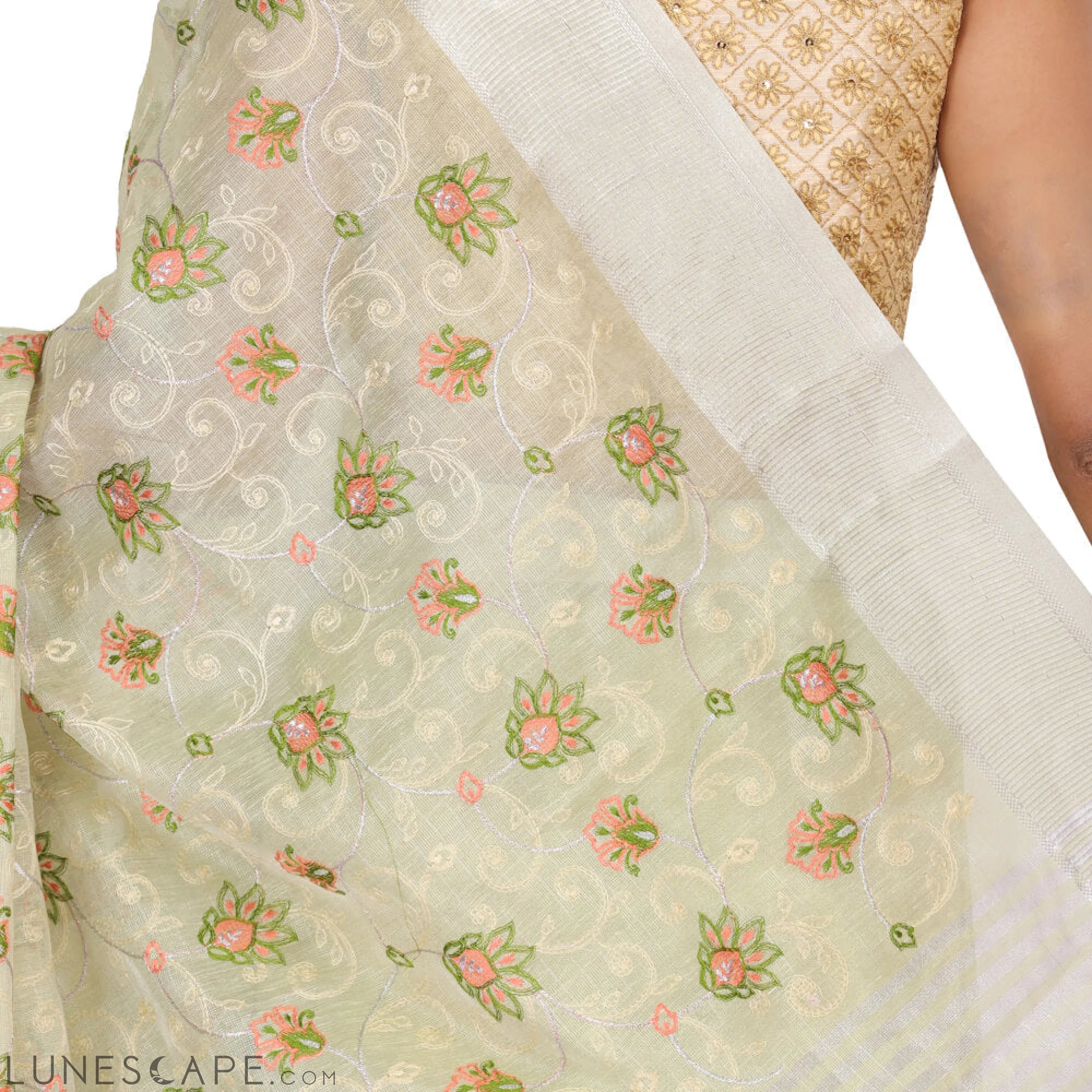 Tissue Banarasi Saree With Embroidery - Sea Green LUNESCAPE