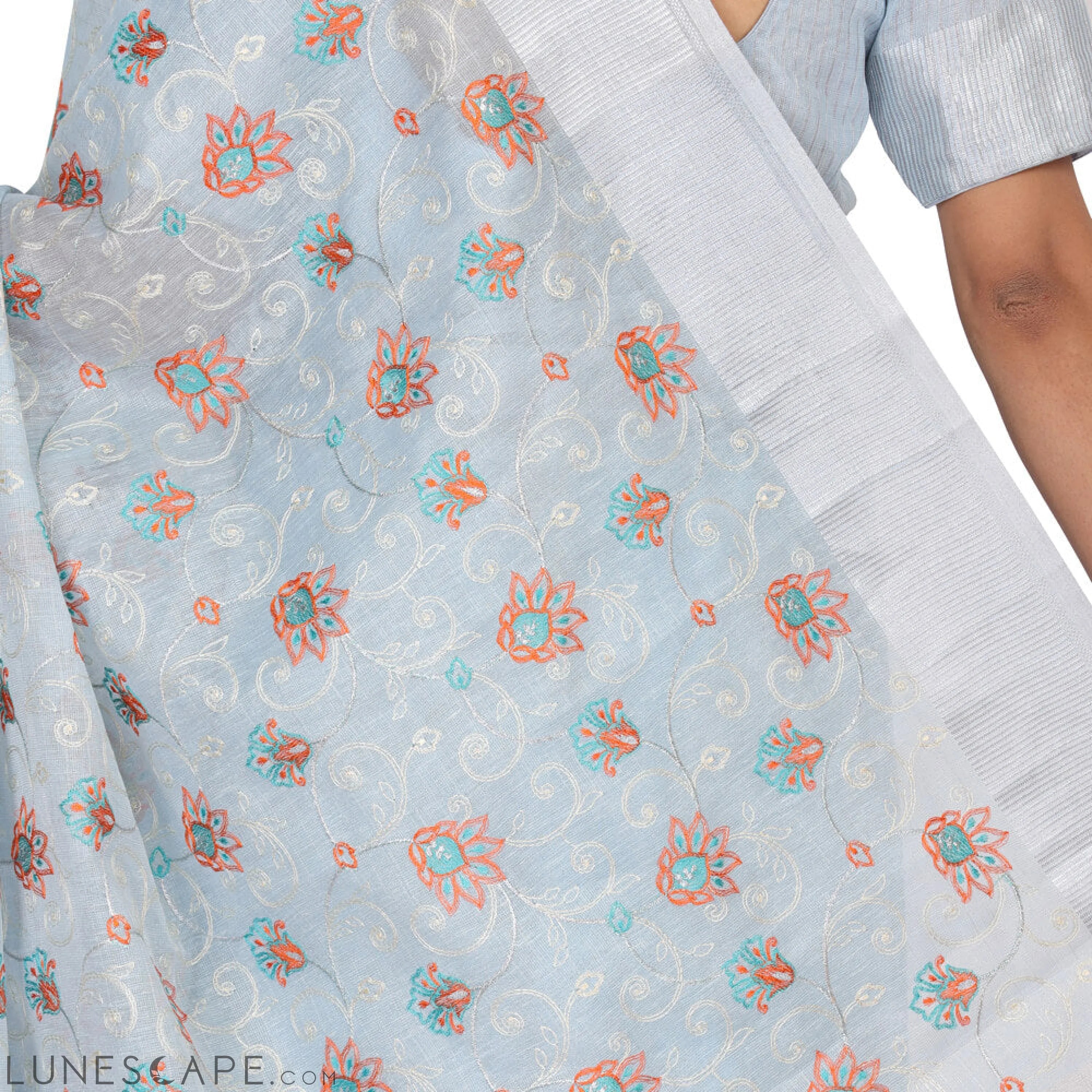 Tissue Banarasi Saree With Embroidery - Sky Blue LUNESCAPE