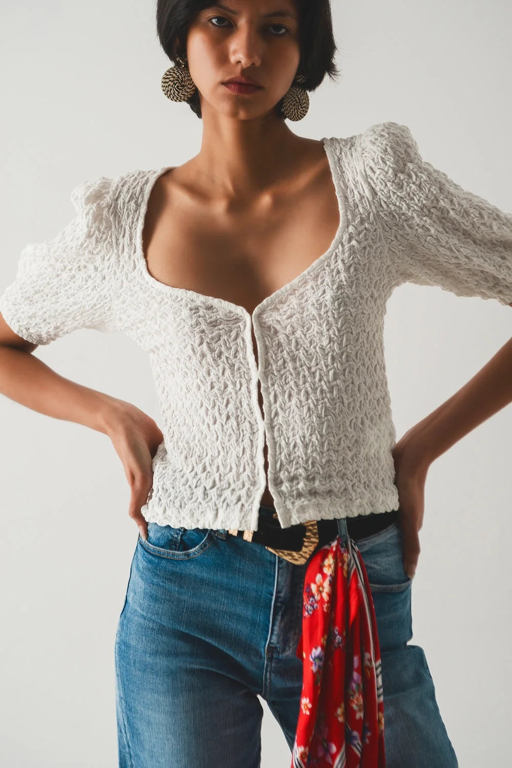 Top With Balloon Sleeves and Hook-And-Eye Closure in White LUNESCAPE