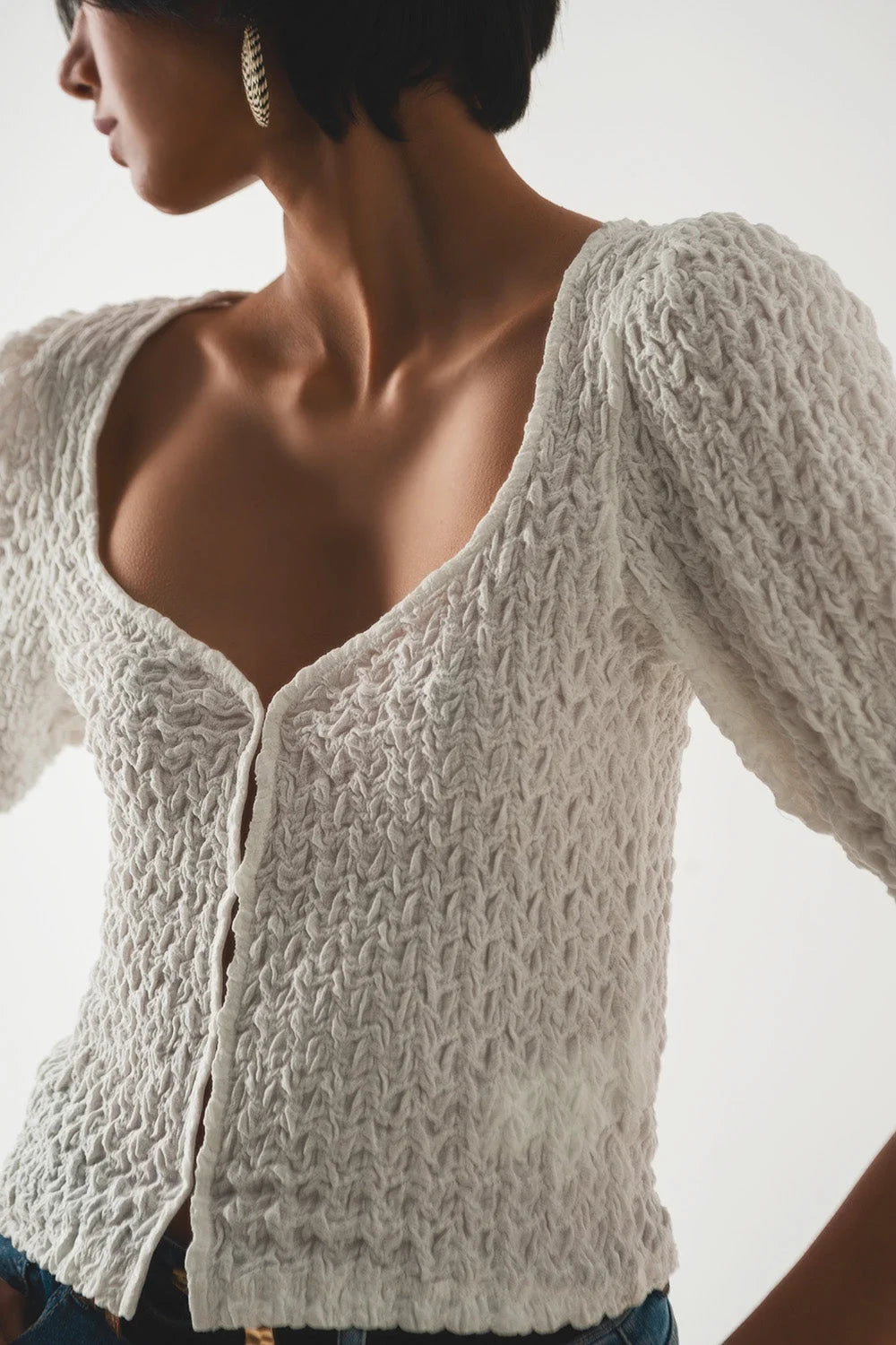 Top With Balloon Sleeves and Hook-And-Eye Closure in White LUNESCAPE