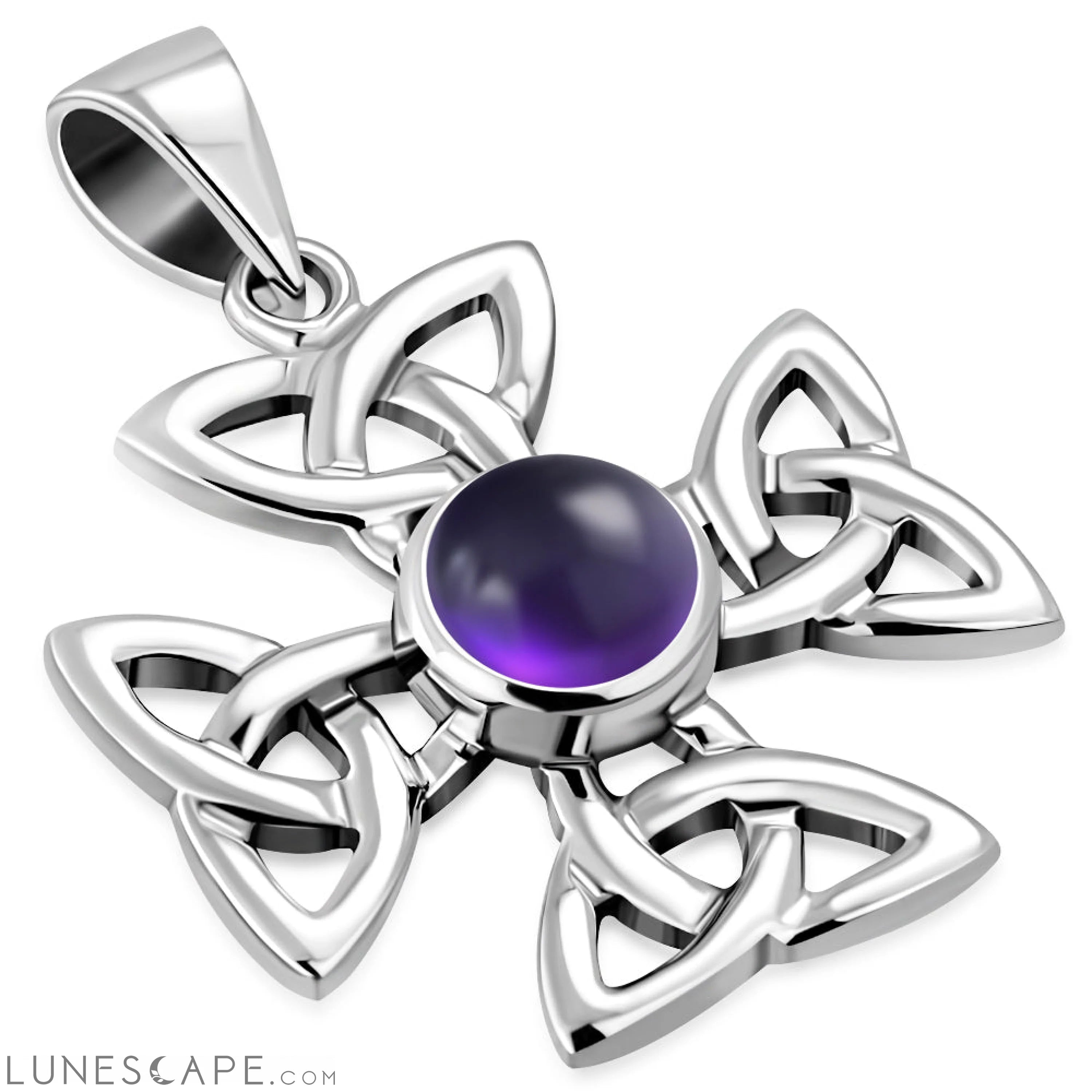 Trinity Knot Celtic Cross Silver Pendant Set W/ Amethyst LUNESCAPE