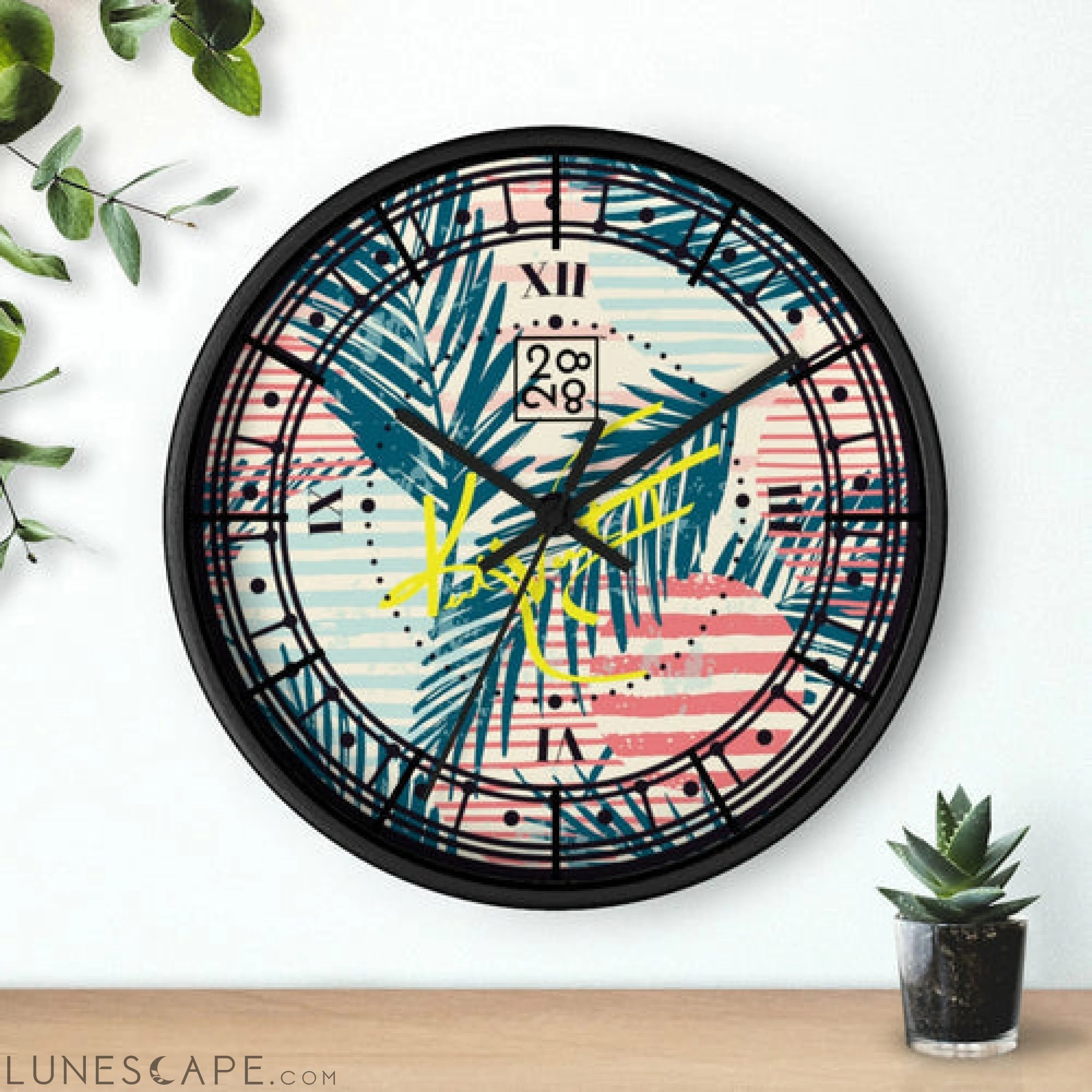 Tropical Palms Stripe Dot Geometric Clock LUNESCAPE