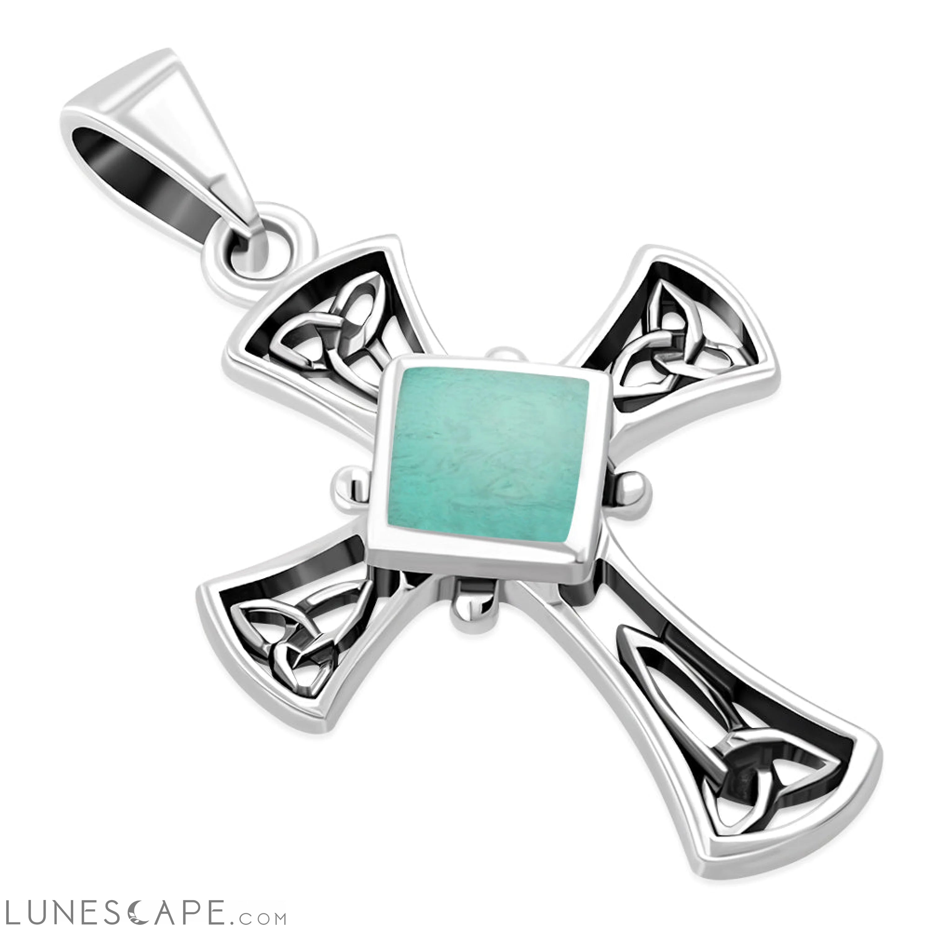 Turquoise Celtic Irish Trinity Knot Cross Silver Pendant LUNESCAPE