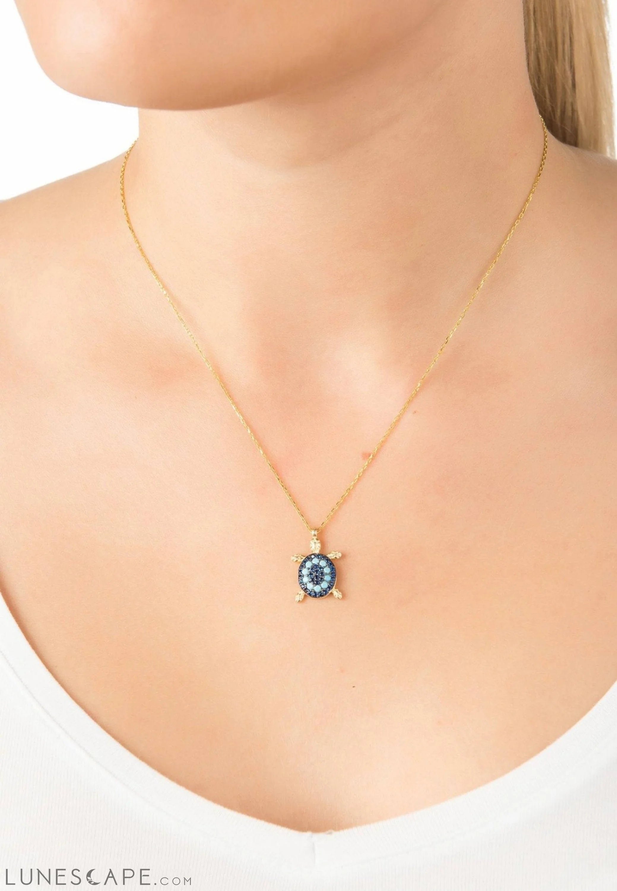 Turtle Turquoise Blue Pendant Necklace Gold LUNESCAPE
