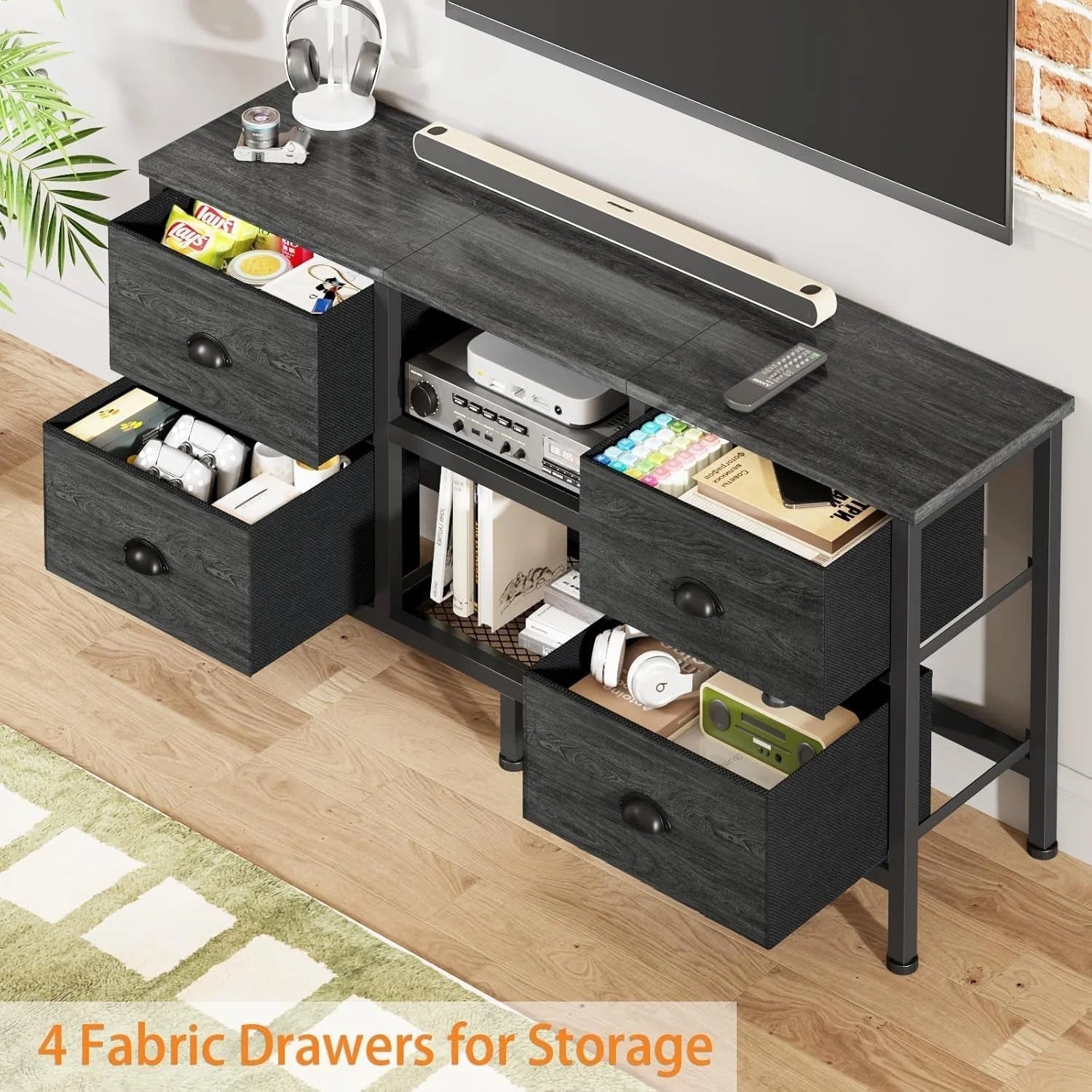 TV Stand with 4 Drawers, Small Entertainment Center with Open Shelf, LUNESCAPE