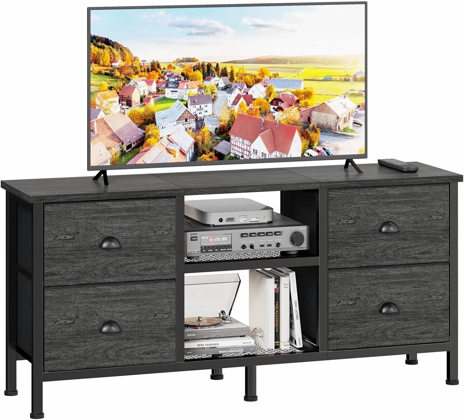 TV Stand with 4 Drawers, Small Entertainment Center with Open Shelf, LUNESCAPE
