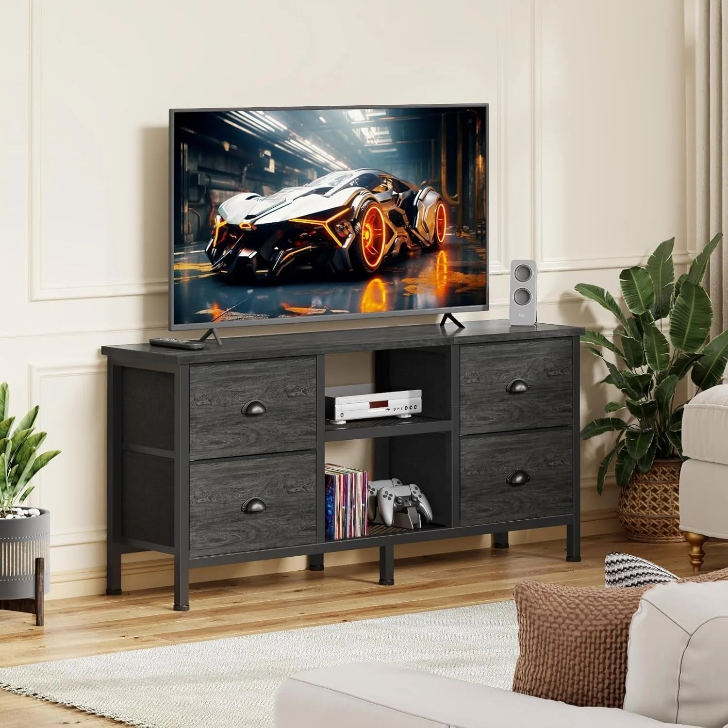 TV Stand with 4 Drawers, Small Entertainment Center with Open Shelf, LUNESCAPE