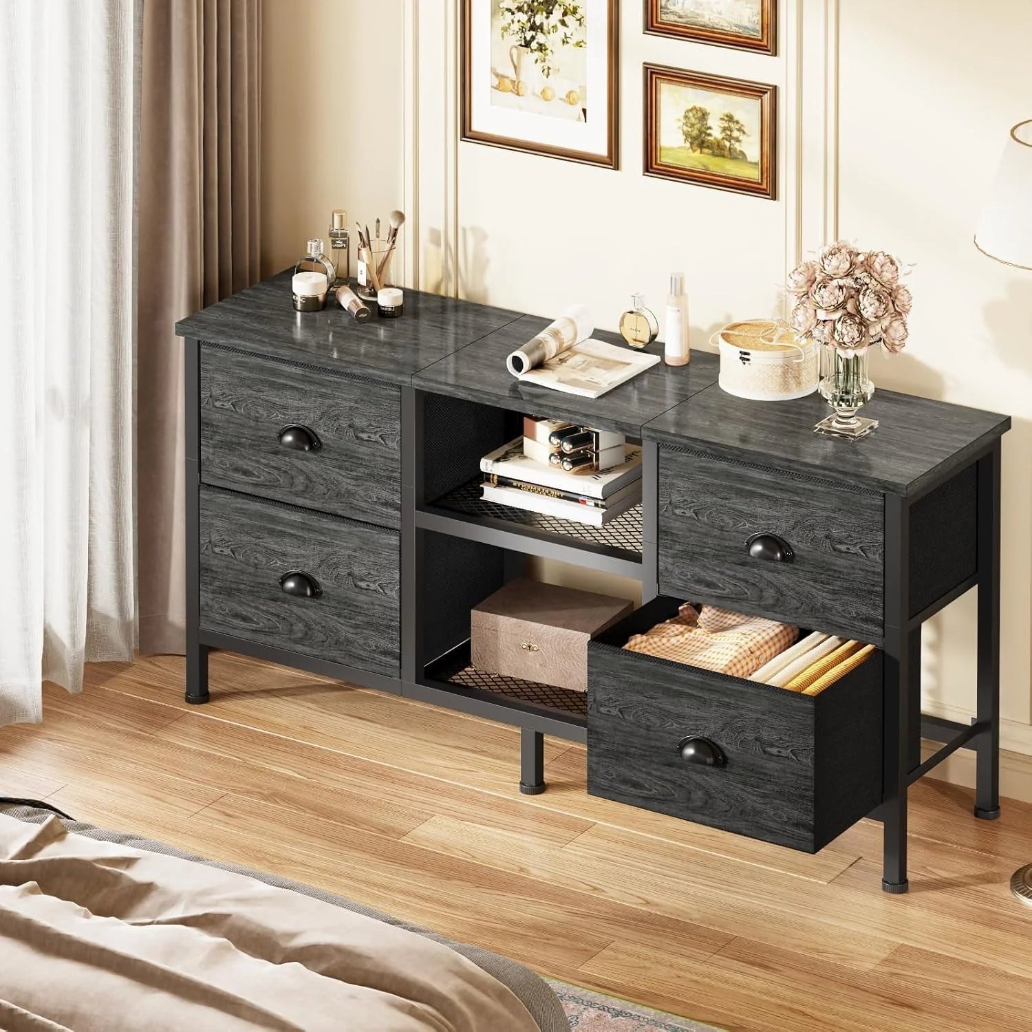 TV Stand with 4 Drawers, Small Entertainment Center with Open Shelf, LUNESCAPE
