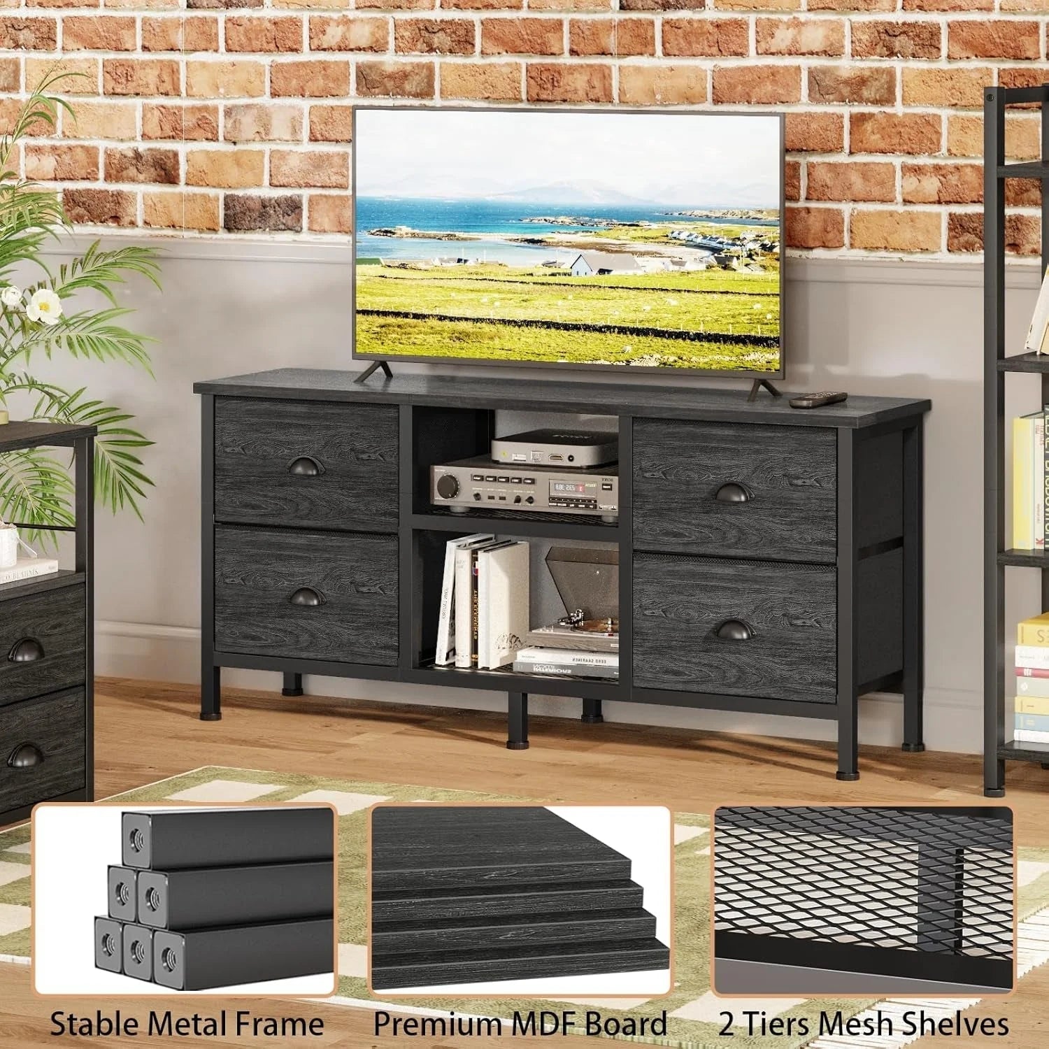 TV Stand with 4 Drawers, Small Entertainment Center with Open Shelf, LUNESCAPE