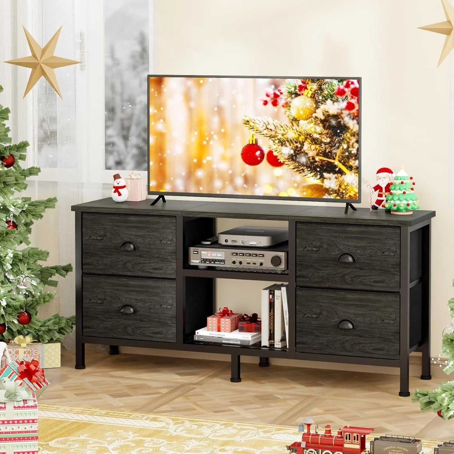 TV Stand with 4 Drawers, Small Entertainment Center with Open Shelf, LUNESCAPE
