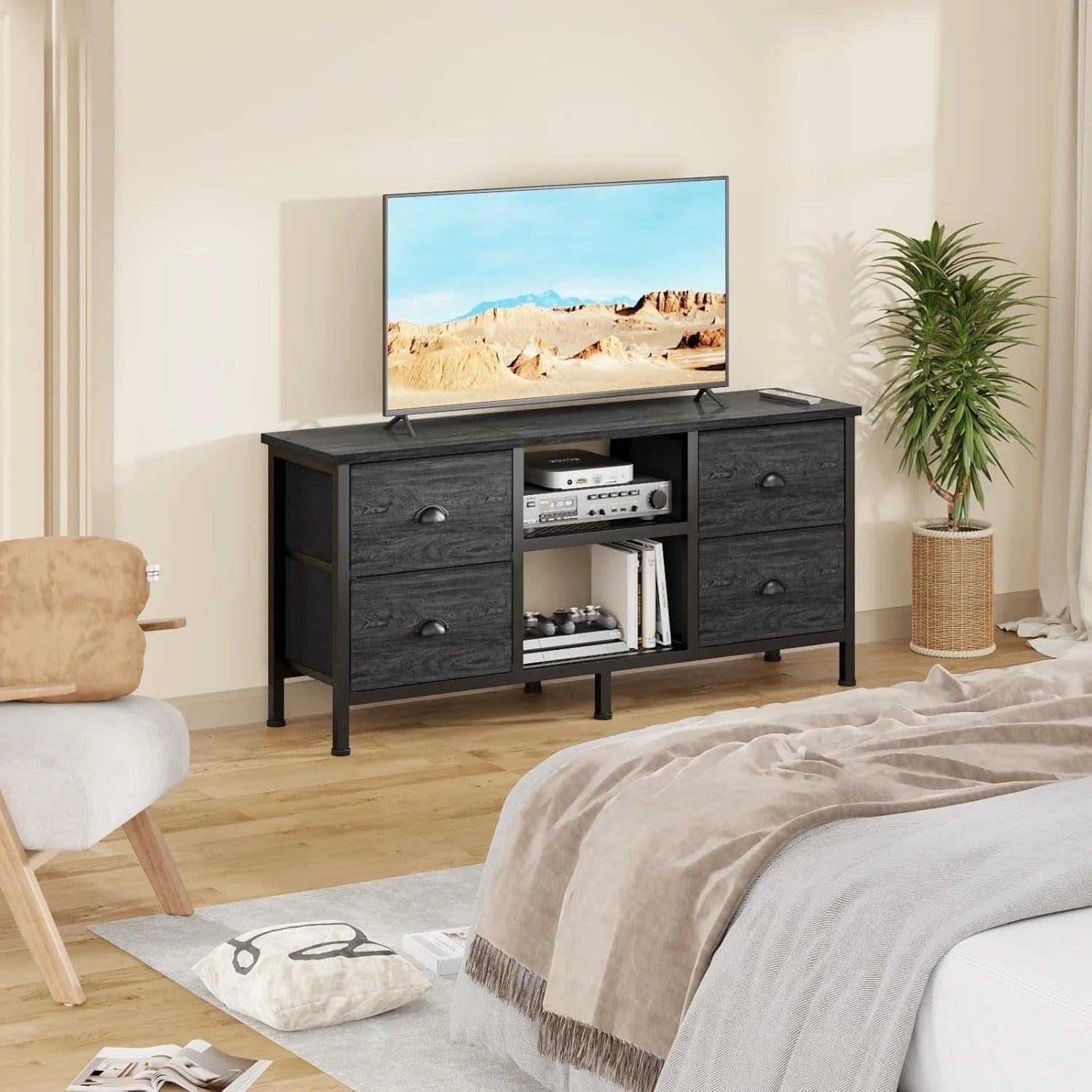 TV Stand with 4 Drawers, Small Entertainment Center with Open Shelf, LUNESCAPE