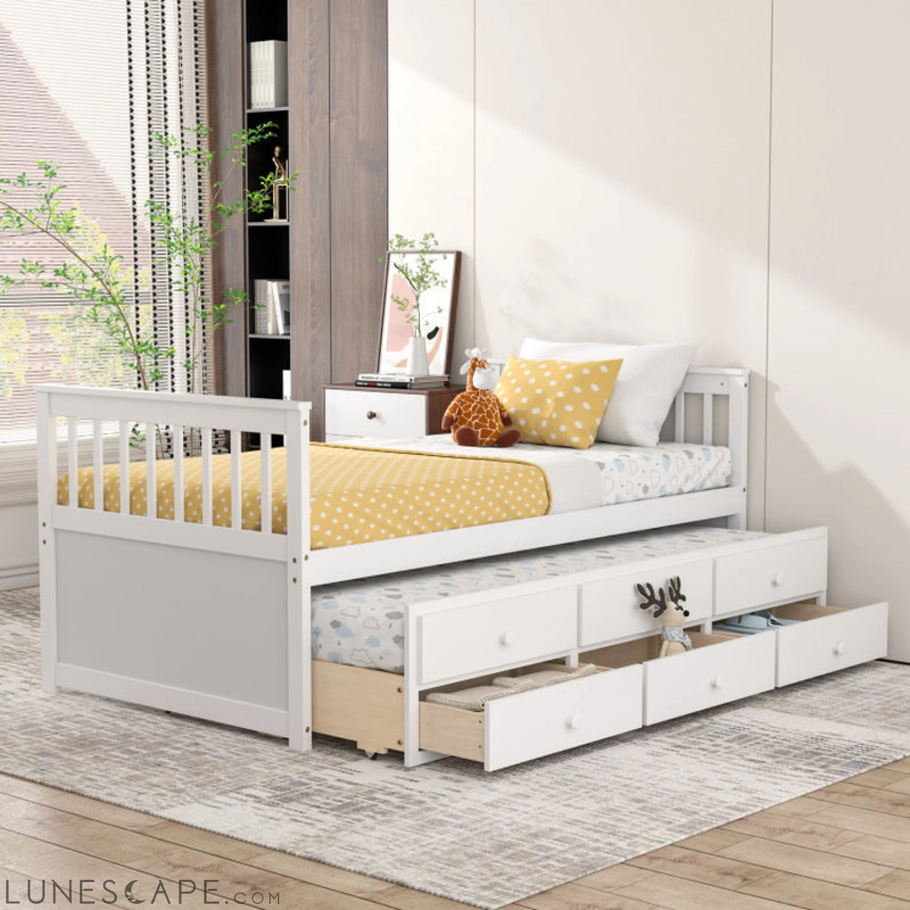 Twin Captains Bed with Trundle and 3 Storage Drawers LUNESCAPE