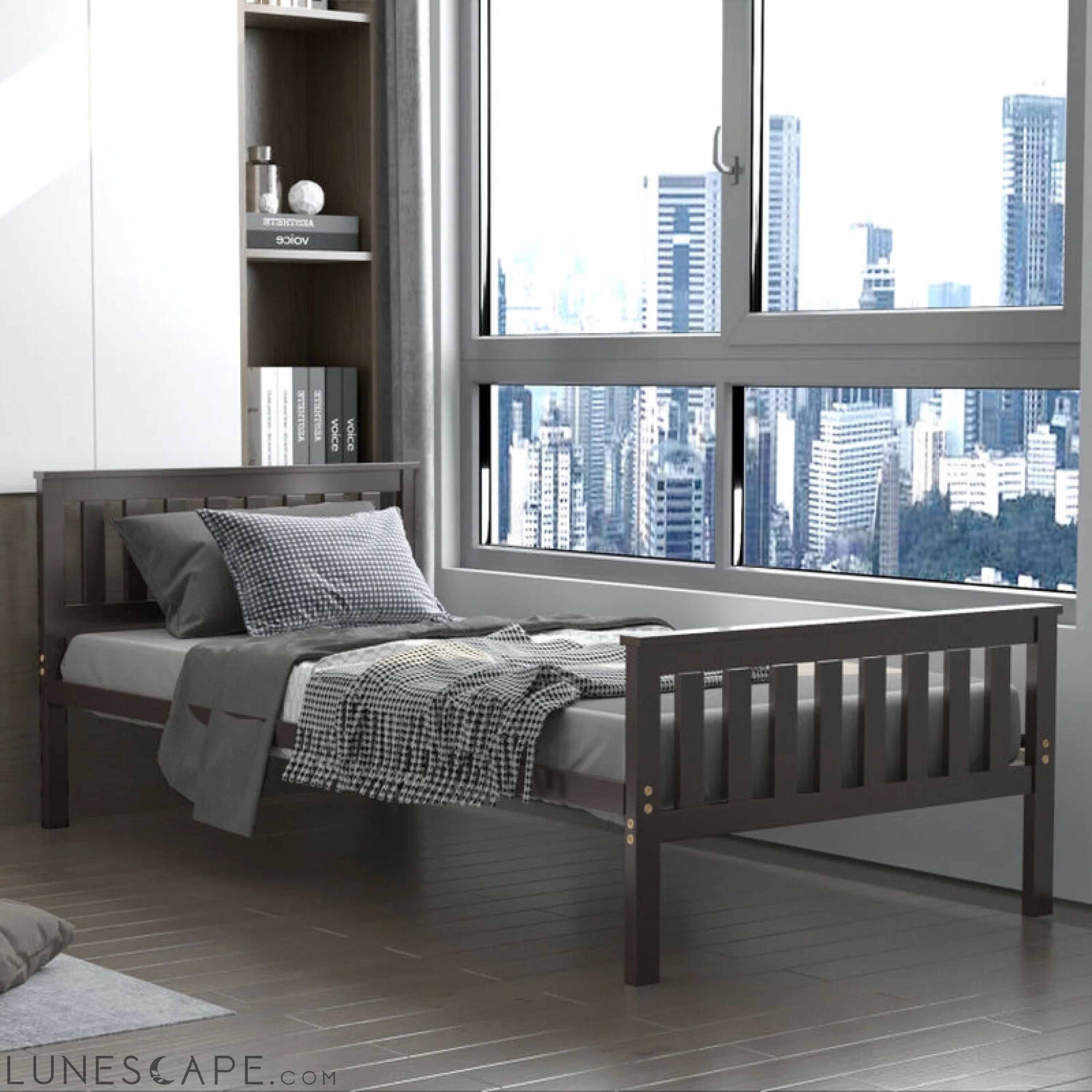 Twin/Full/Queen Size Wood Platform Bed with Headboard LUNESCAPE