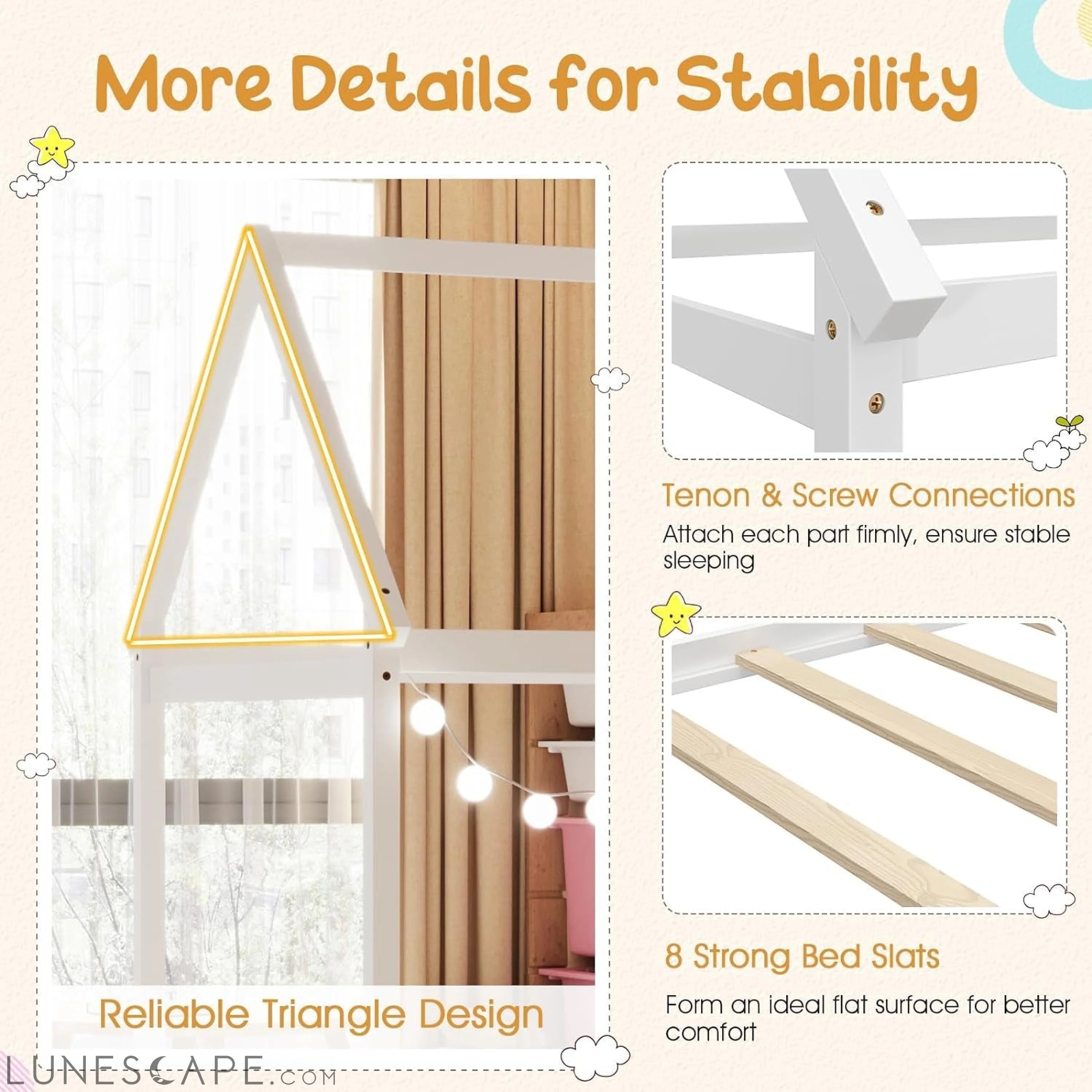 Twin House Bed, Wood Montessori Bed Frame with House Roof Canopy, Low LUNESCAPE