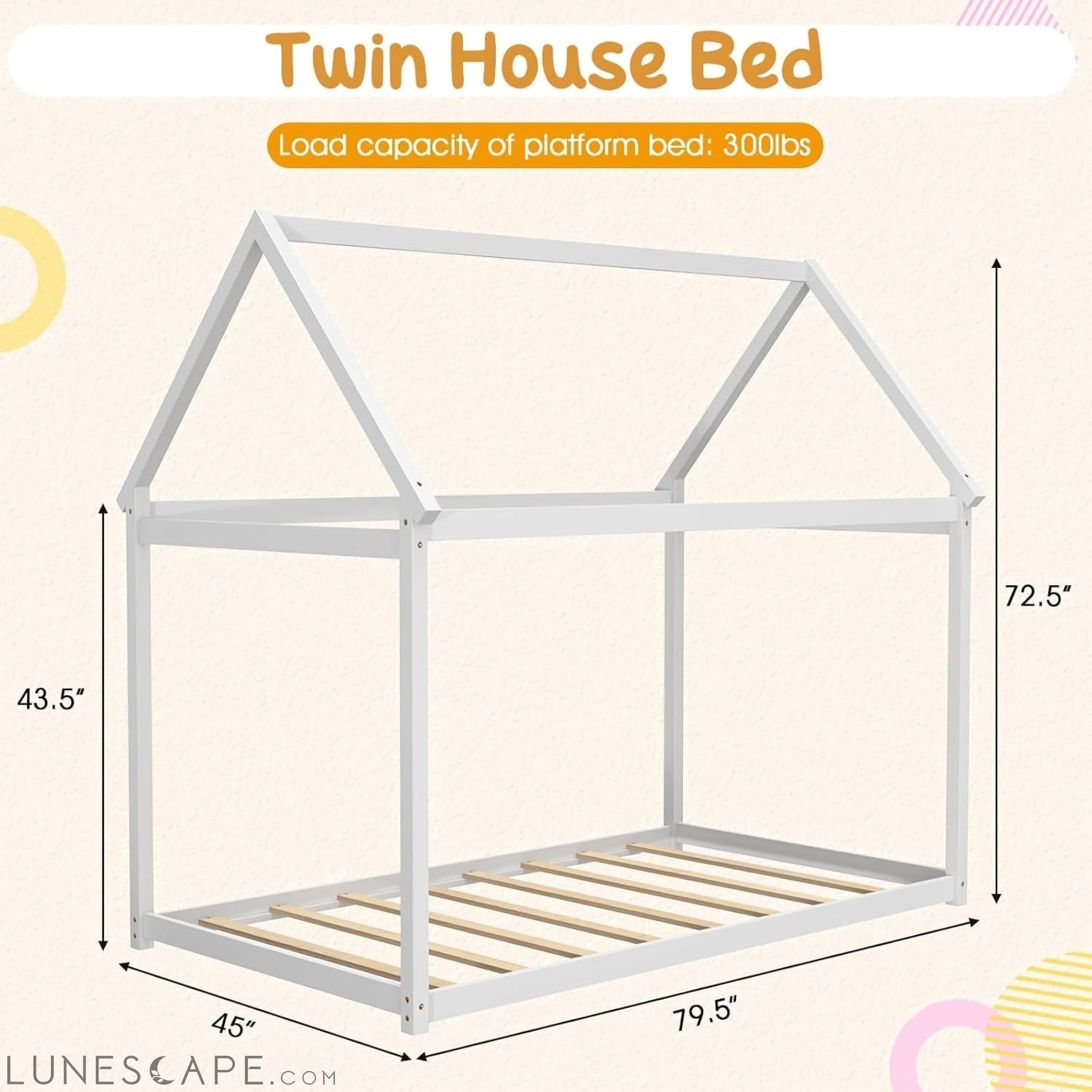 Twin House Bed, Wood Montessori Bed Frame with House Roof Canopy, Low LUNESCAPE