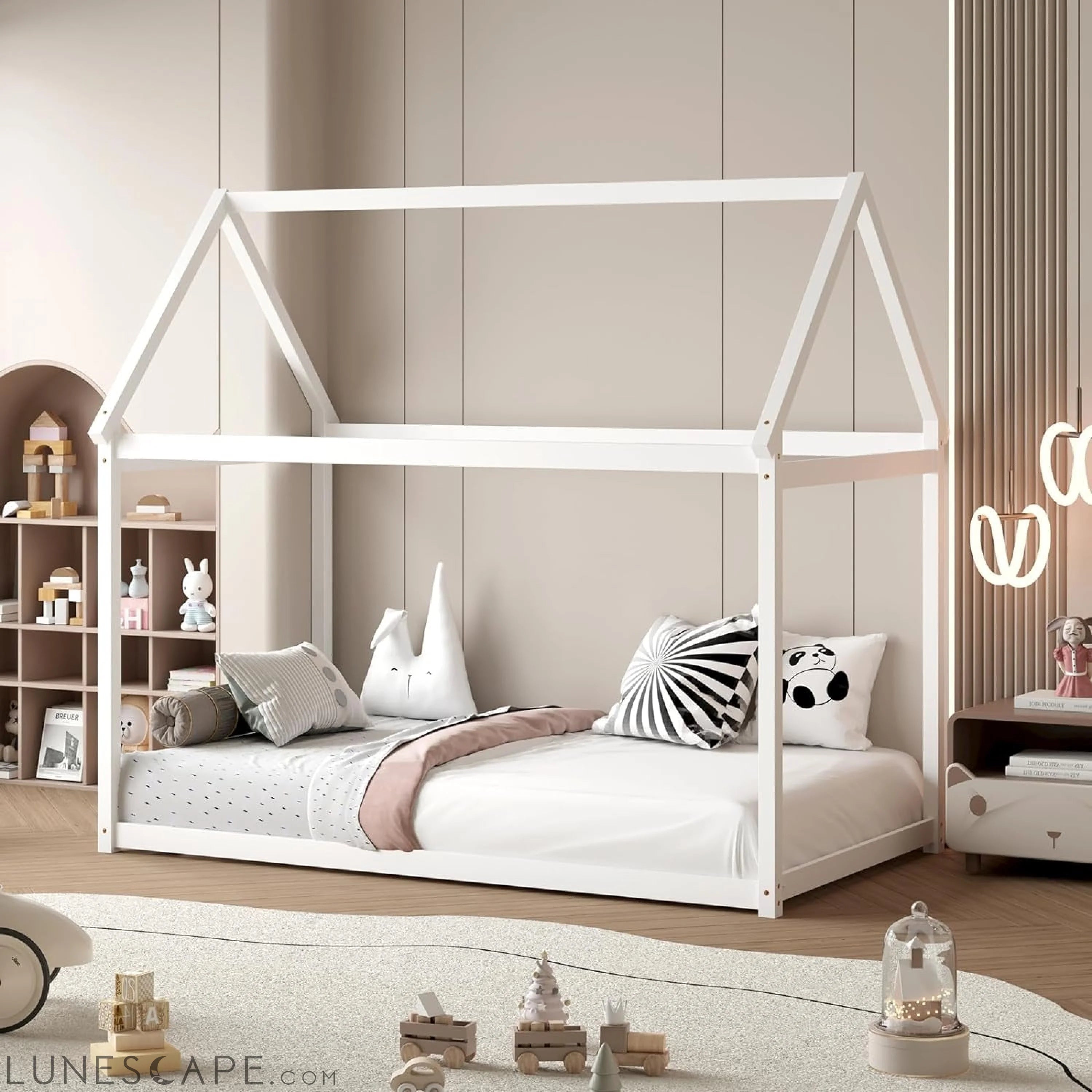 Twin House Bed, Wood Montessori Bed Frame with House Roof Canopy, Low LUNESCAPE