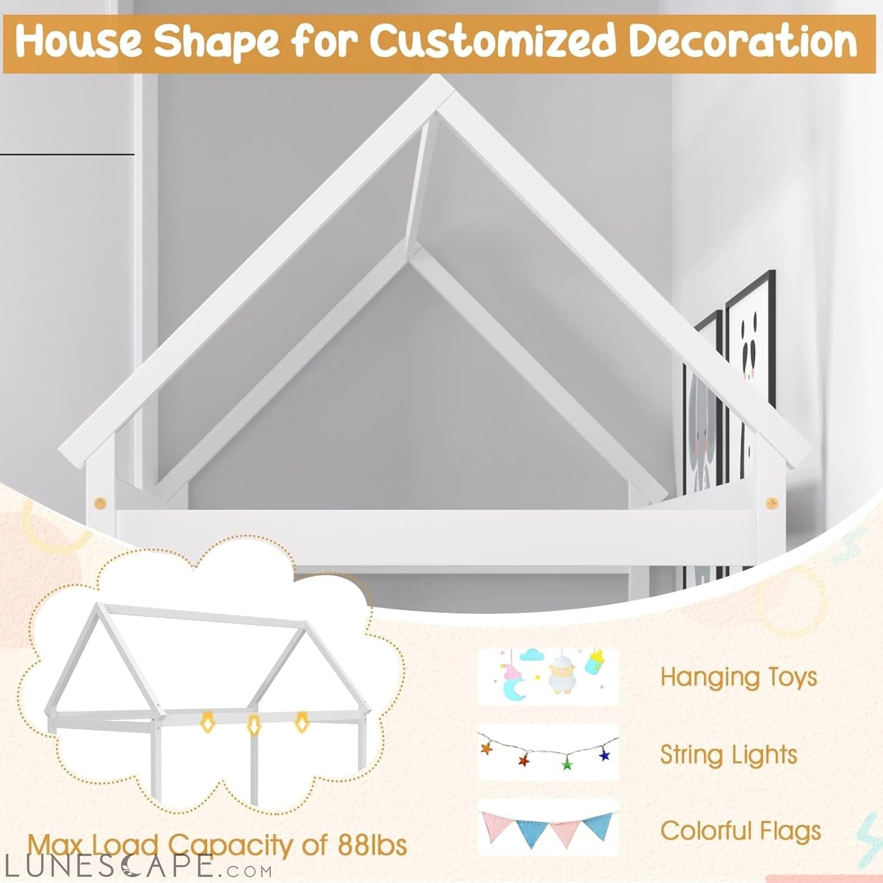 Twin House Bed, Wood Montessori Bed Frame with House Roof Canopy, Low LUNESCAPE
