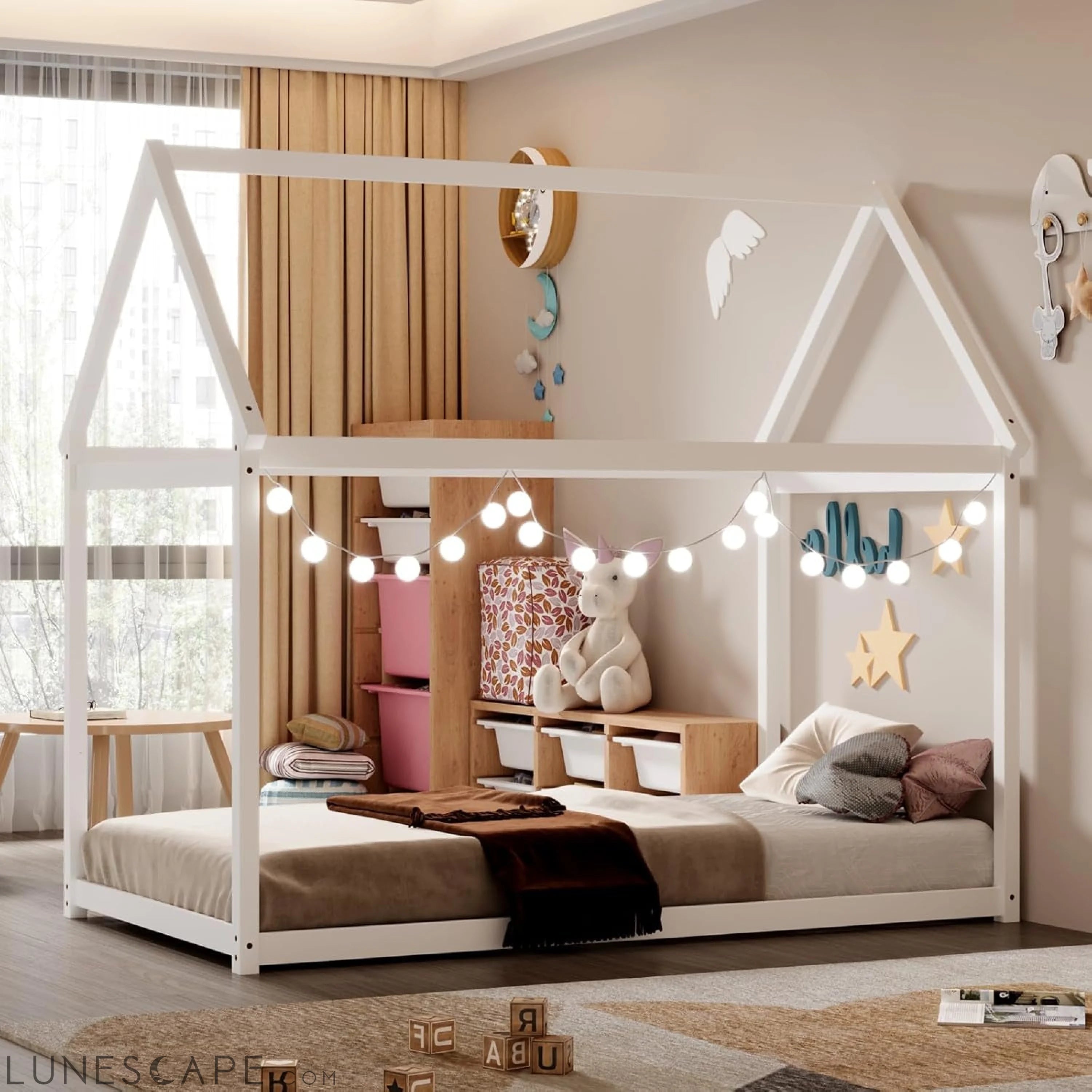 Twin House Bed, Wood Montessori Bed Frame with House Roof Canopy, Low LUNESCAPE