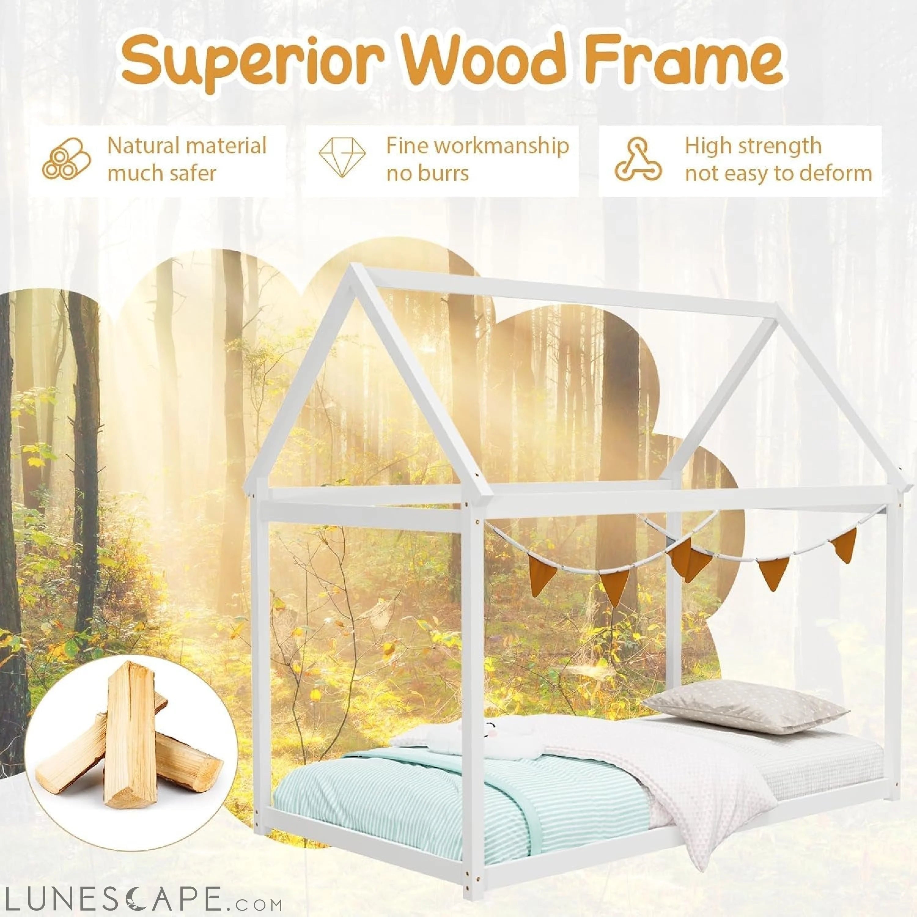 Twin House Bed, Wood Montessori Bed Frame with House Roof Canopy, Low LUNESCAPE