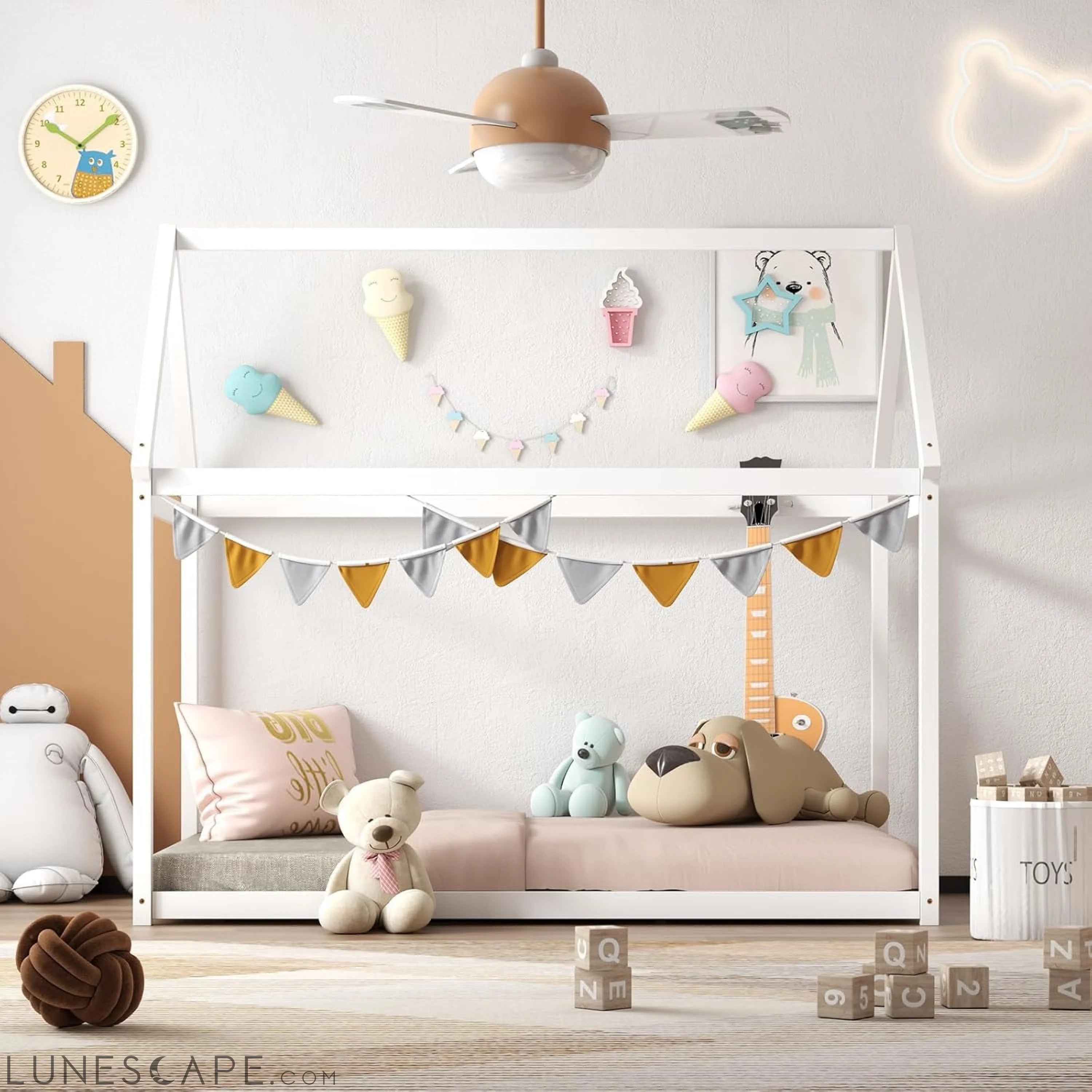 Twin House Bed, Wood Montessori Bed Frame with House Roof Canopy, Low LUNESCAPE