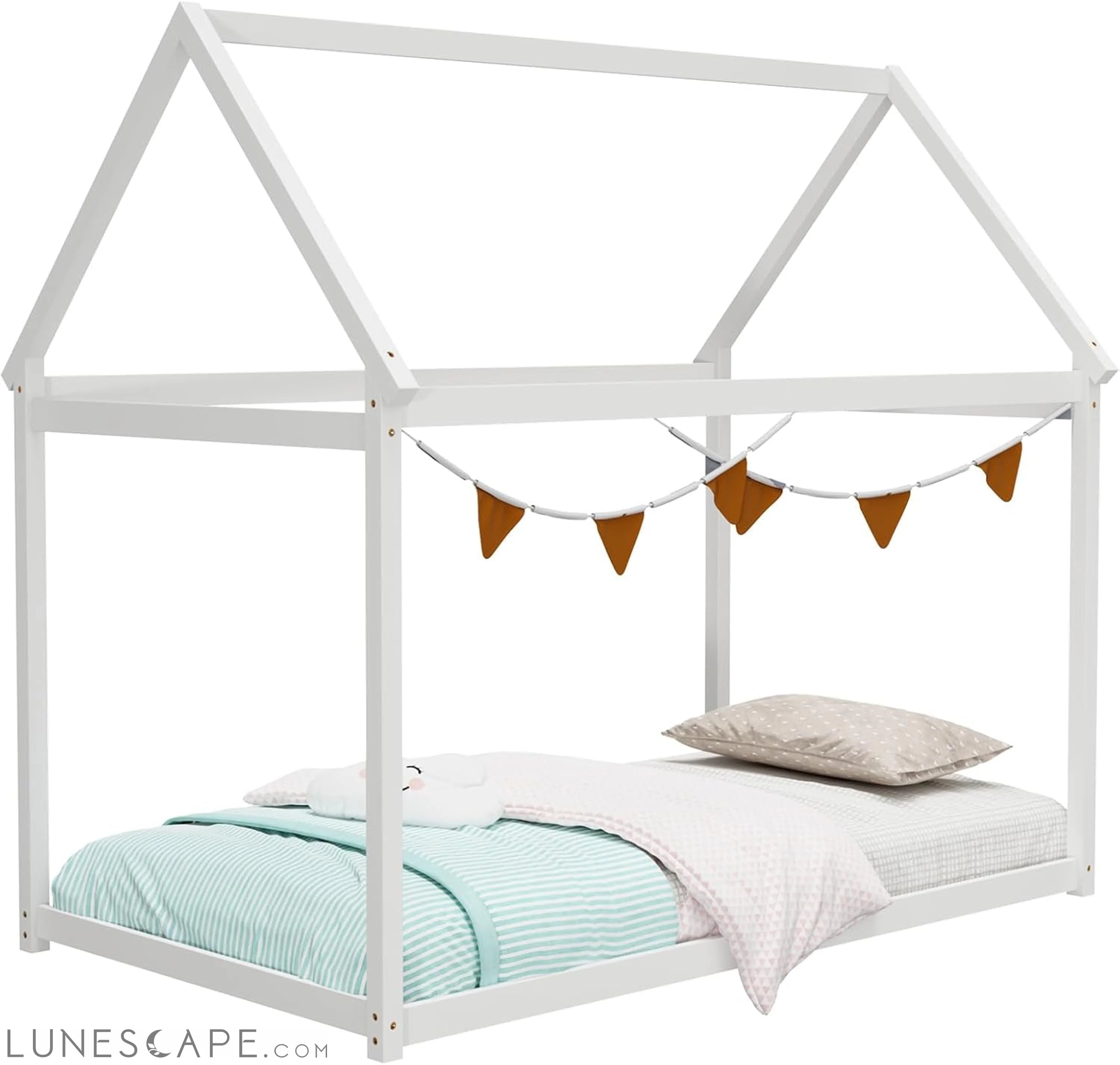 Twin House Bed, Wood Montessori Bed Frame with House Roof Canopy, Low LUNESCAPE